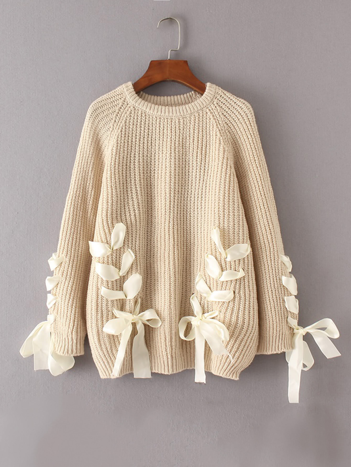 Lace Up Bow Tie Raglan Sleeve Sweater SheIn(Sheinside)