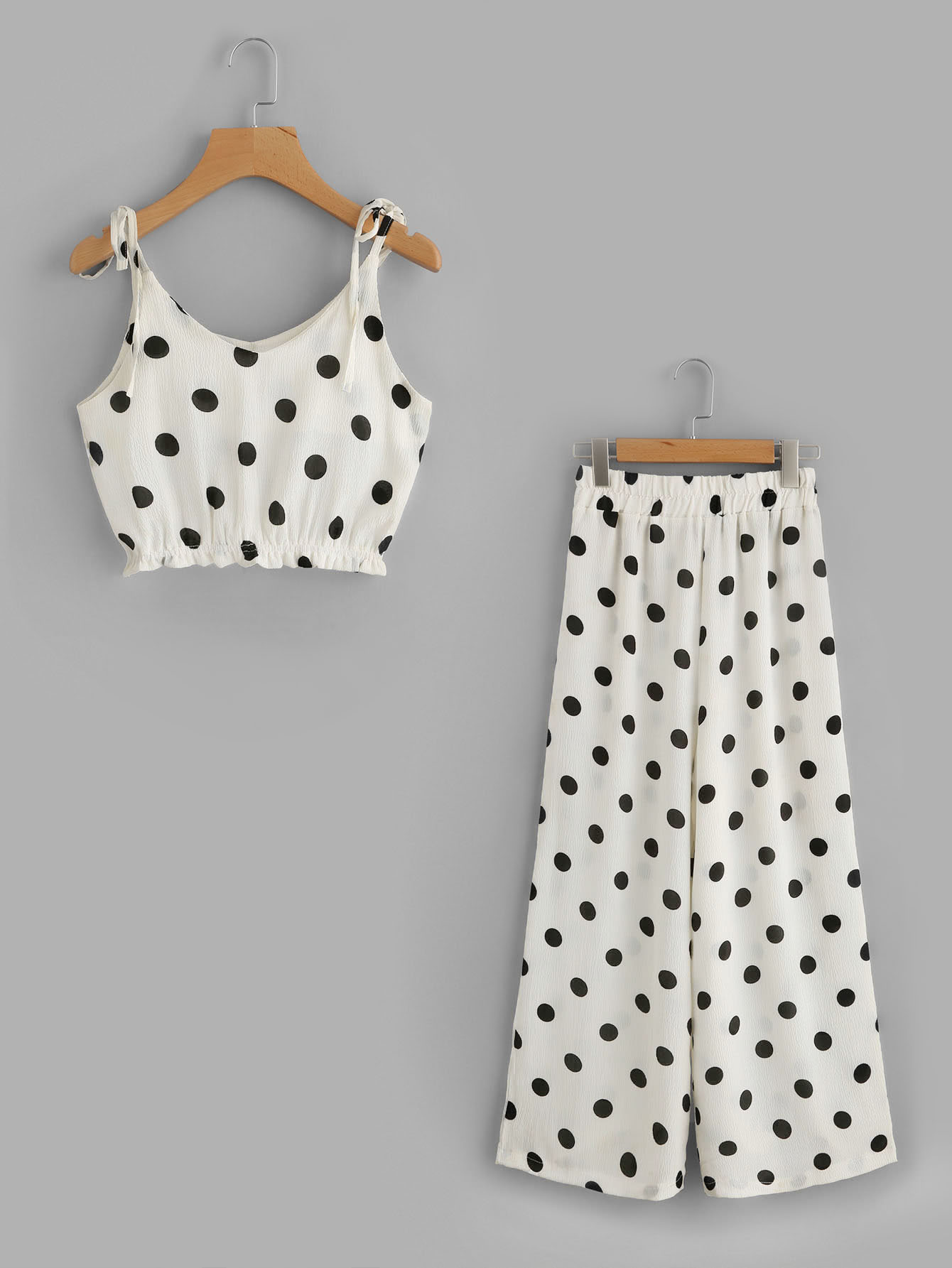 Polka Dot Tie-Strap Crop Top With Wide Leg Pants