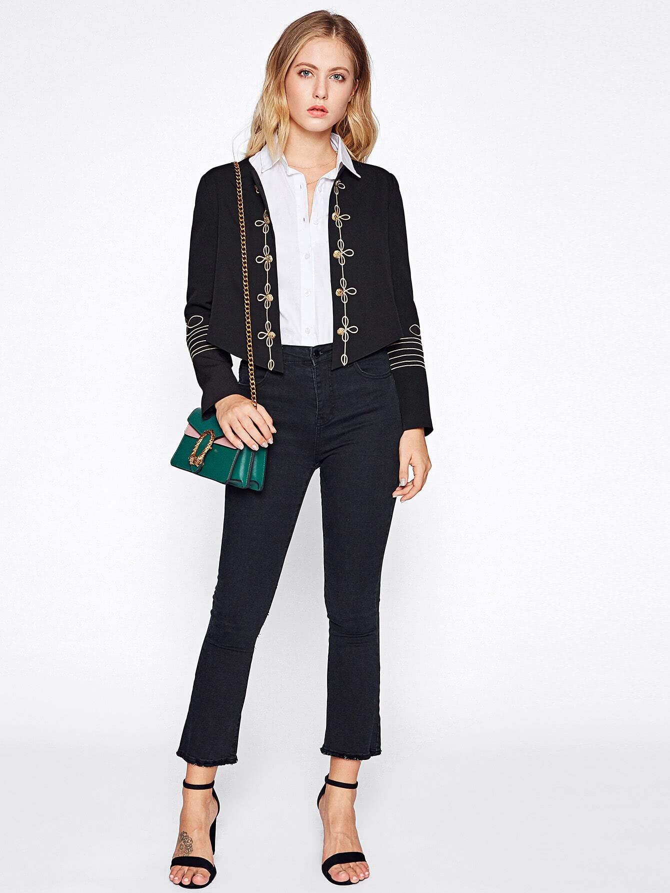 Golden Button Embellished Embroidery Blazer SheIn(Sheinside)