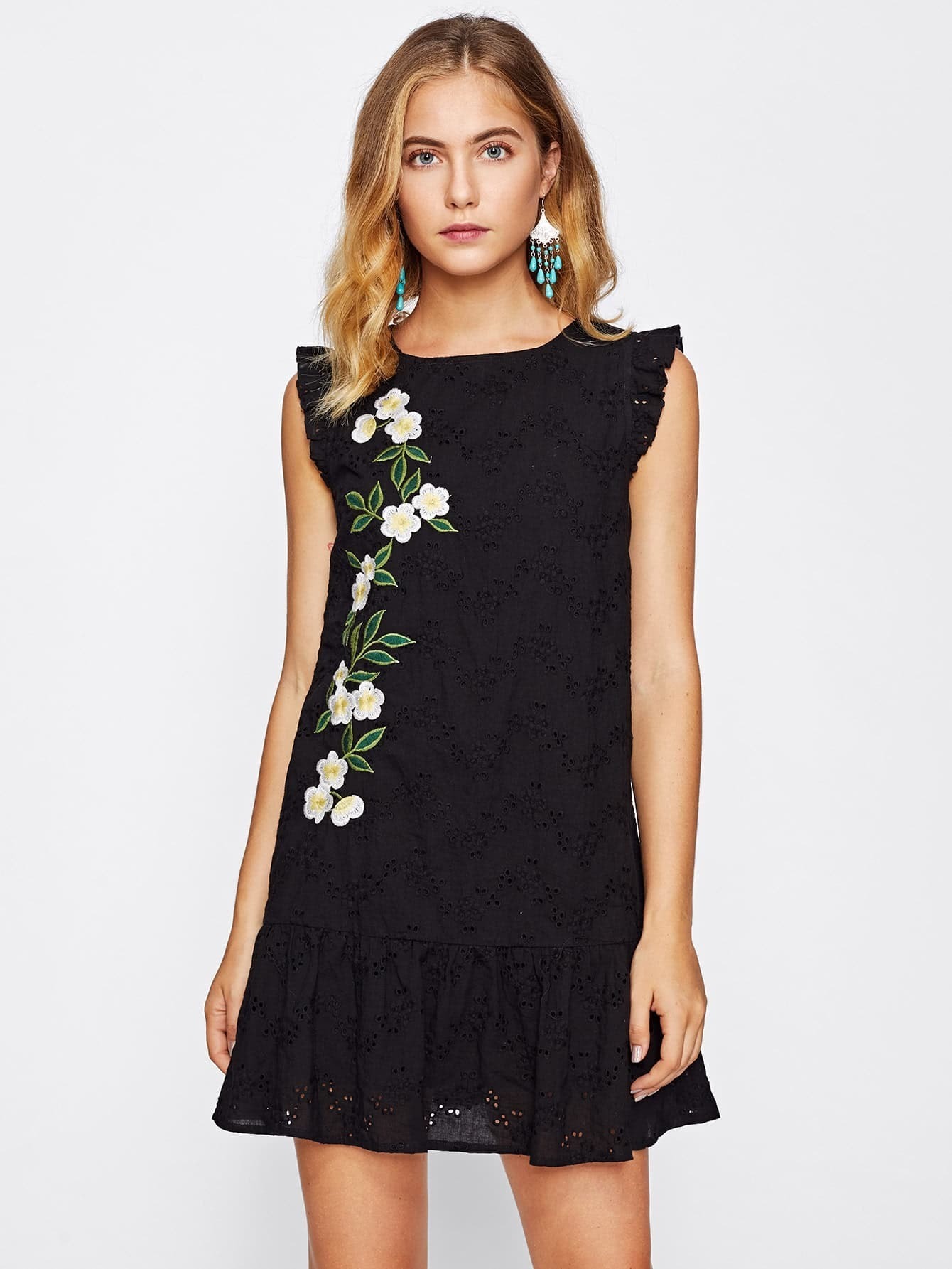Eyelet Embroidered Cutout Tie Back Frilled Hem Dress SheIn(Sheinside)