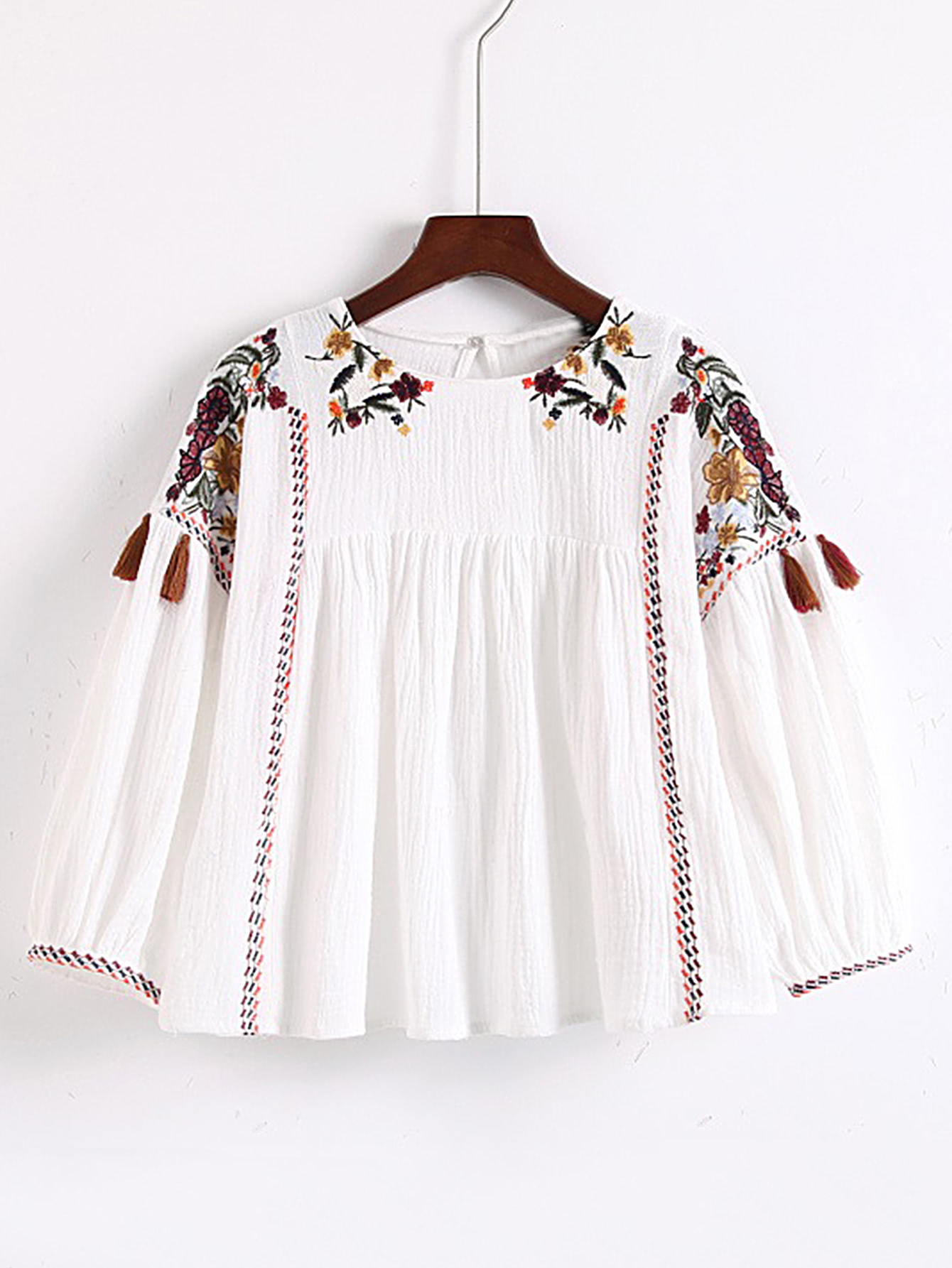 Flower Embroidery Keyhole Back Top With FringeFor Womenromwe