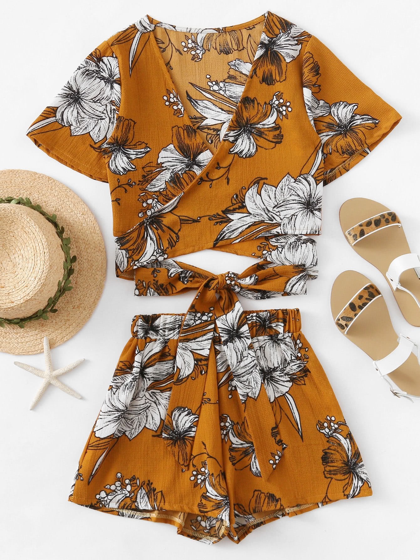 Allover Florals Crisscross Tie Detail Top With Shorts