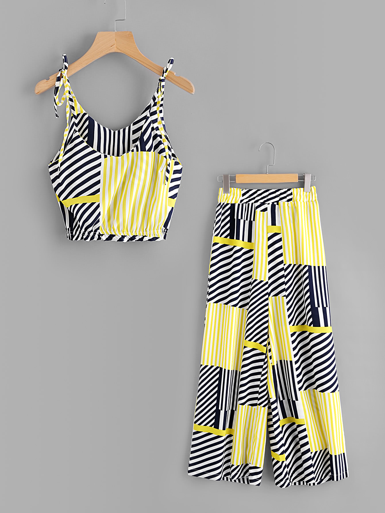 Random Striped Tie-Strap Crop Top With Wide Leg Pants