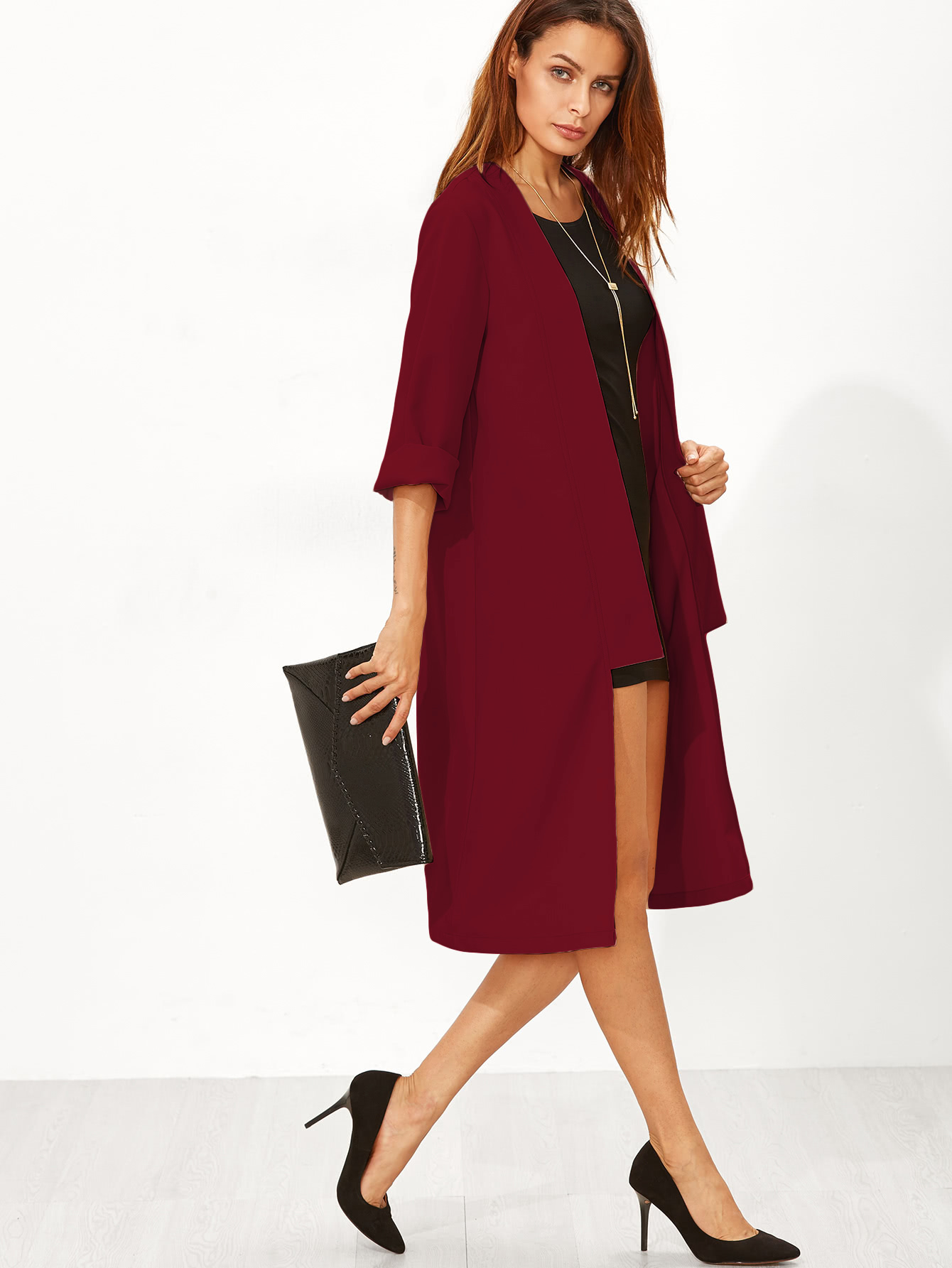 Open Front Roll Up Sleeve Duster Coat SheIn(Sheinside)