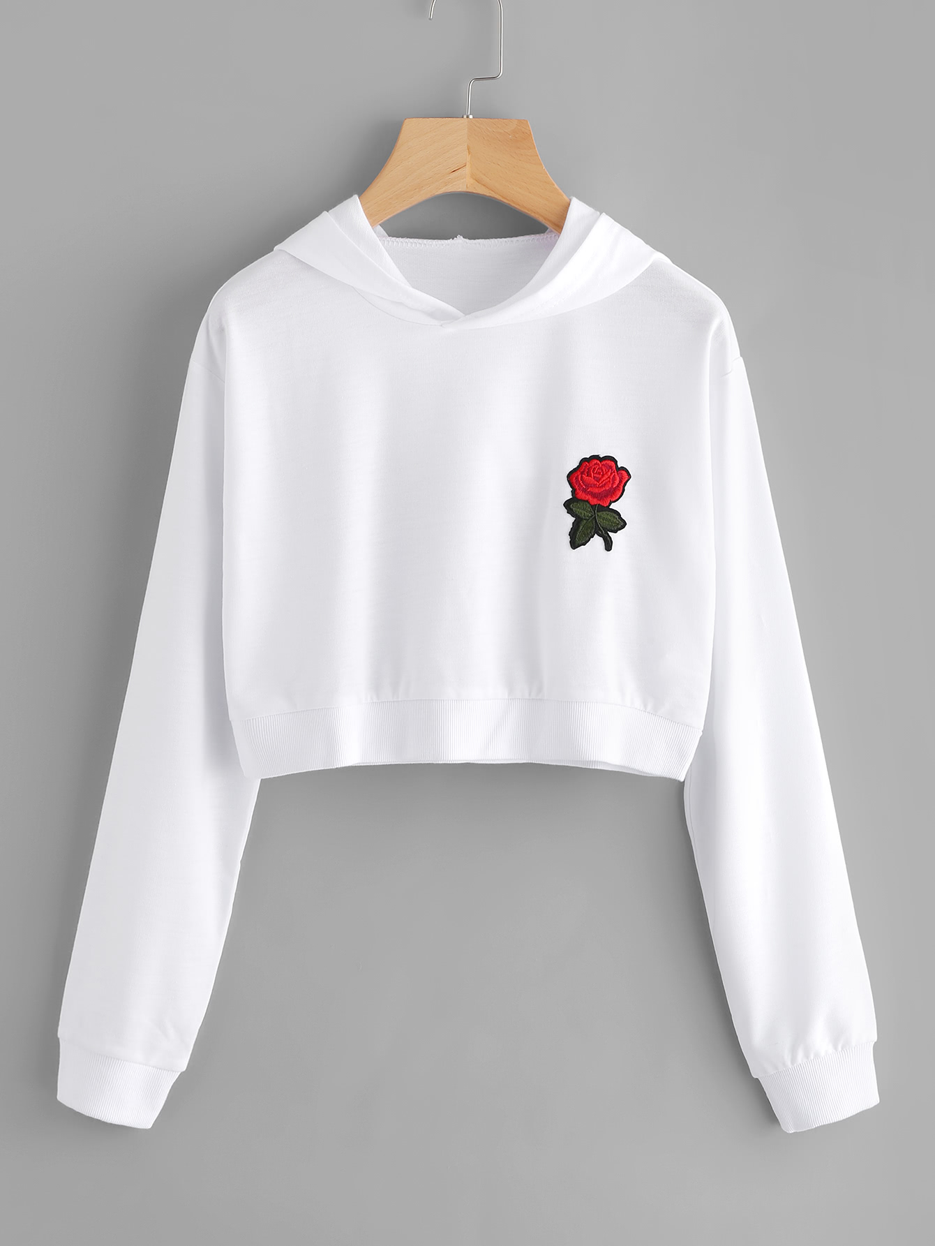 Rose Embroidered Patch Crop Hoodie SheIn(Sheinside)