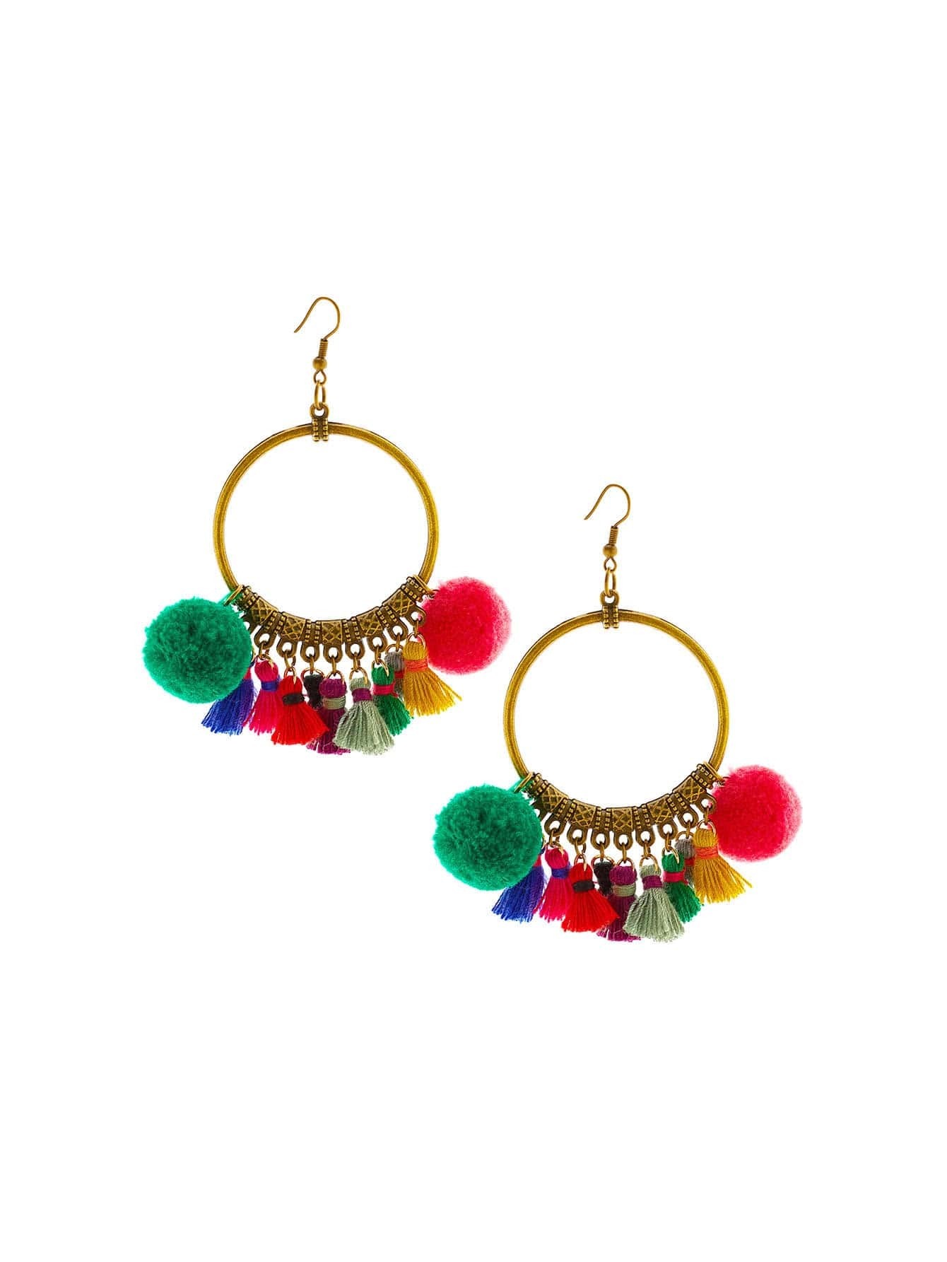 Tassel & Pom Pom Decorated Hoop EarringsFor Womenromwe