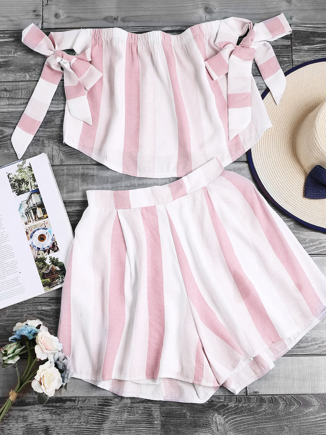 Bardot Self Tie Wide Stripe Dip Hem Top с шортами