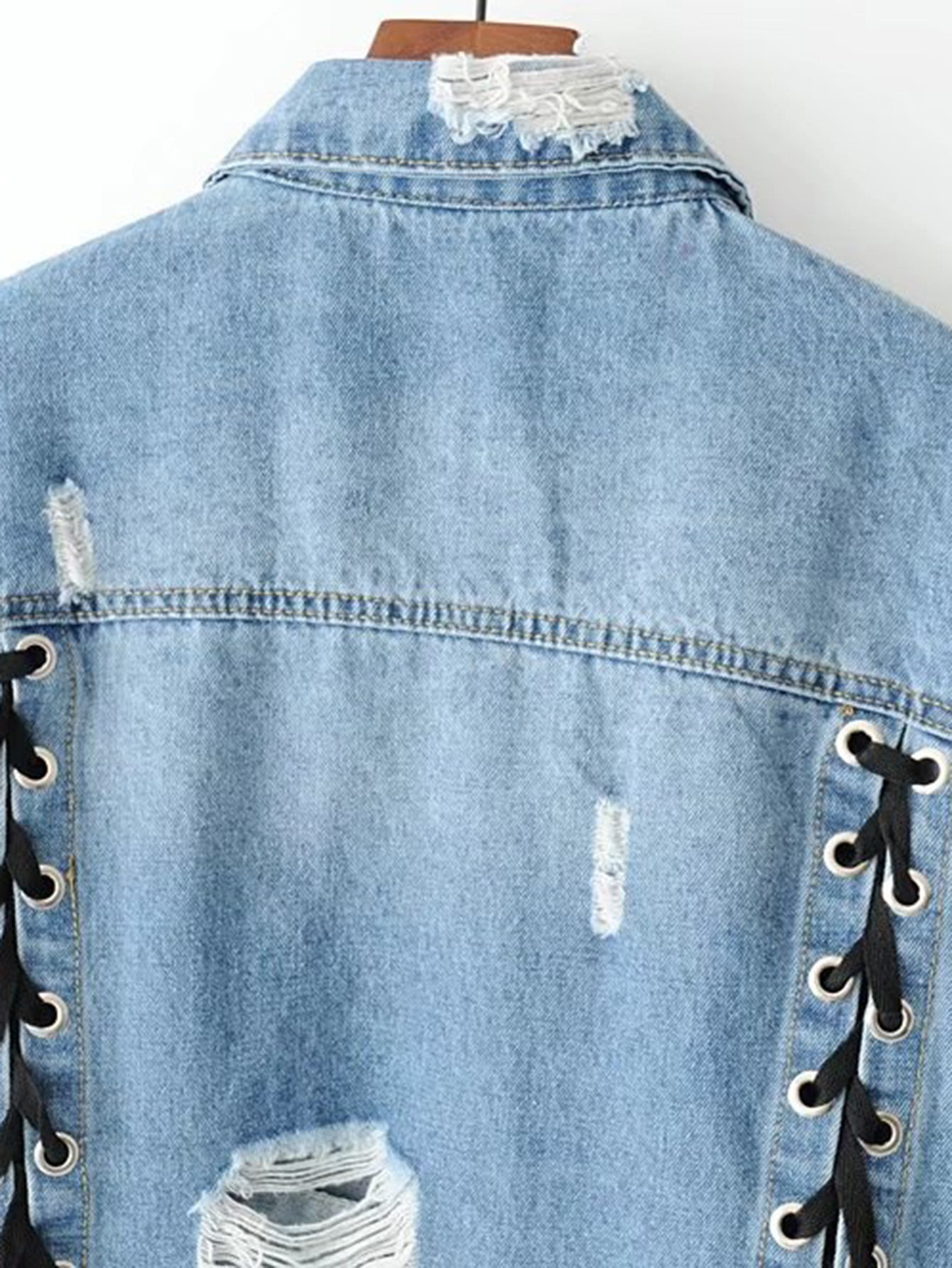 Lace Up Ripped Denim Jacket SheIn(Sheinside)