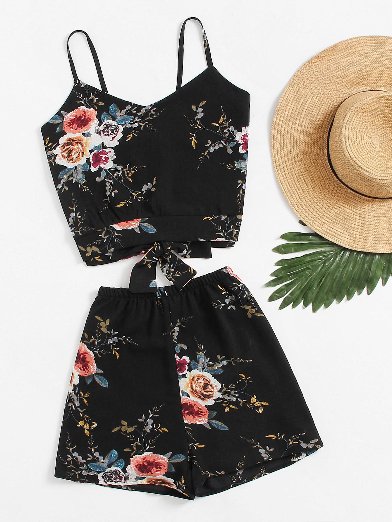 Floral Print Random Split Bow Tie Back Cami Top With Shorts