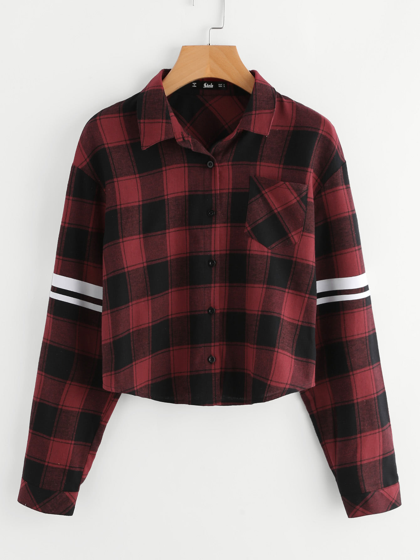Single Pocket Striped Sleeve Curved Hem Checkered Shirt
