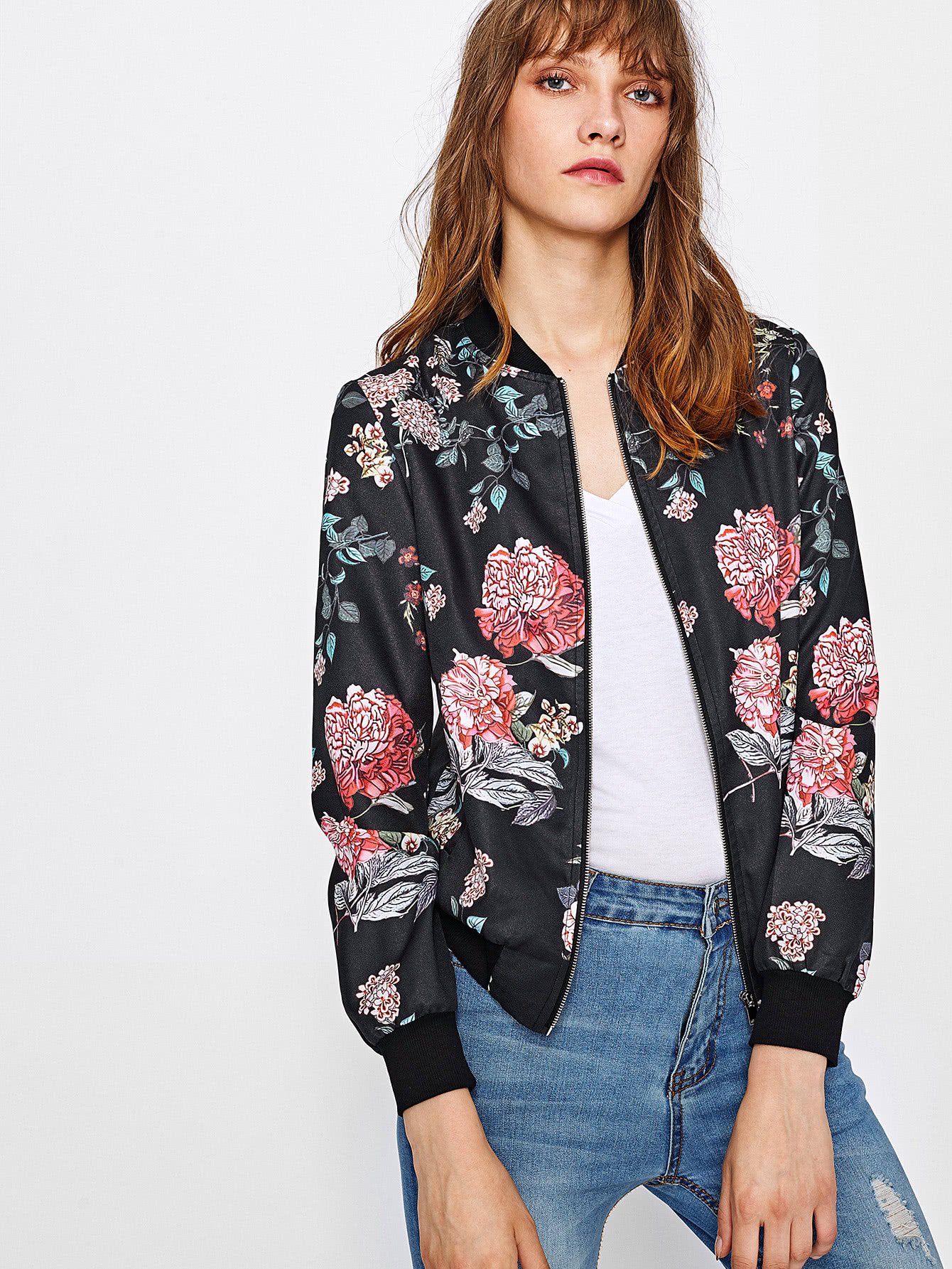 Botanical Print Bomber Jacket SheIn(Sheinside)