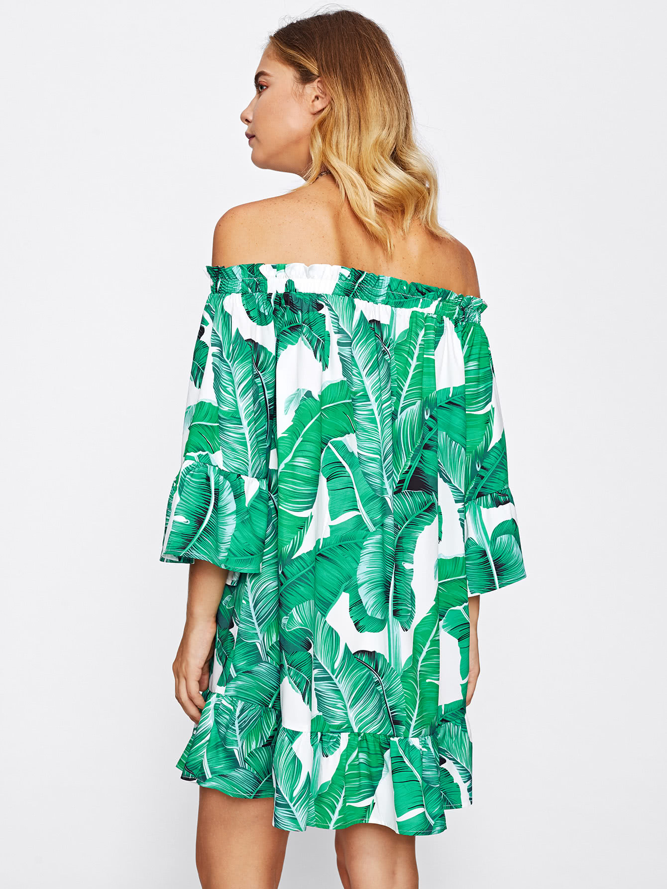 Bardot Frill Trim Jungle Print Dress SheIn(Sheinside)