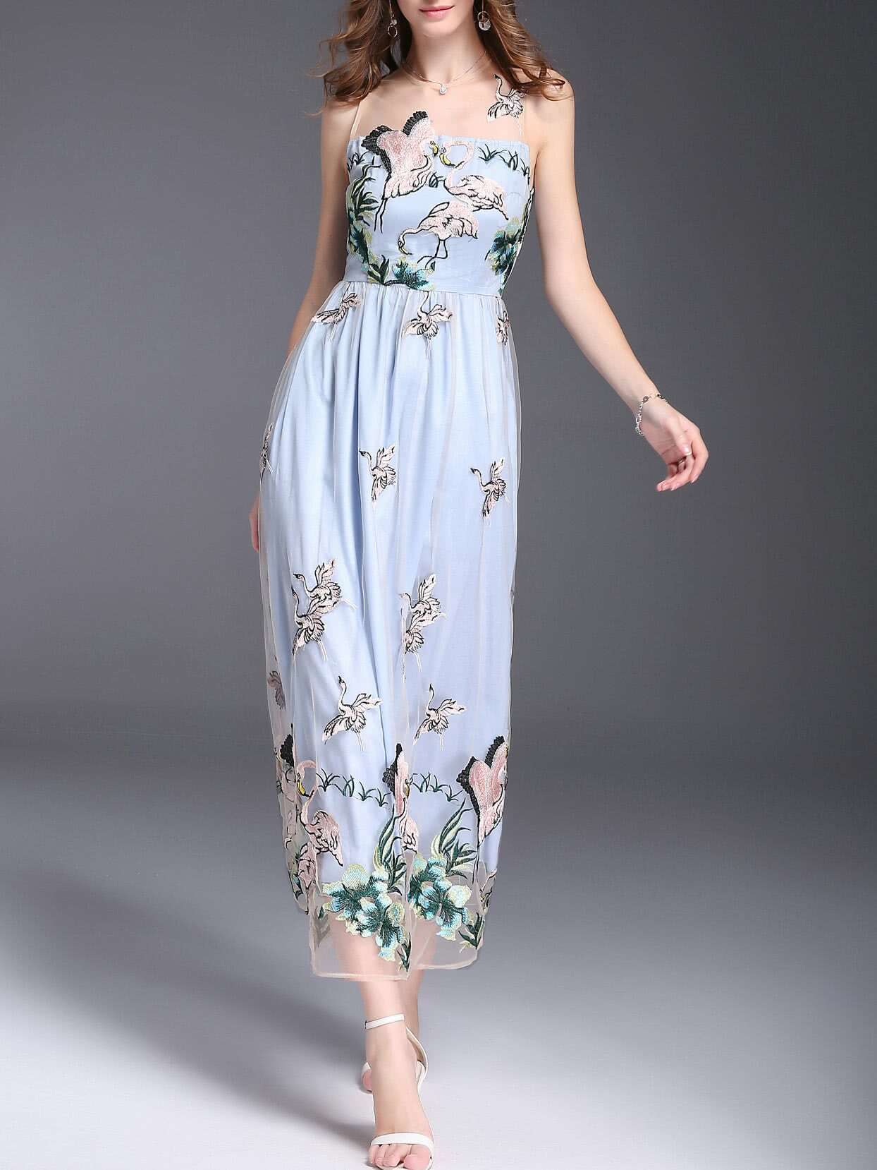 Crane Gauze Embroidered Dress SheIn(Sheinside)