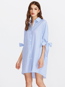 Vertical Striped Bow Tie Cuff Dip Hem Shirt Dress