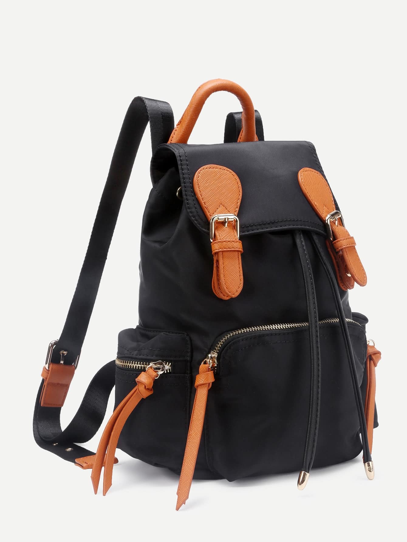 Double Buckle Side Pocket Nylon Backpack SheIn(Sheinside)