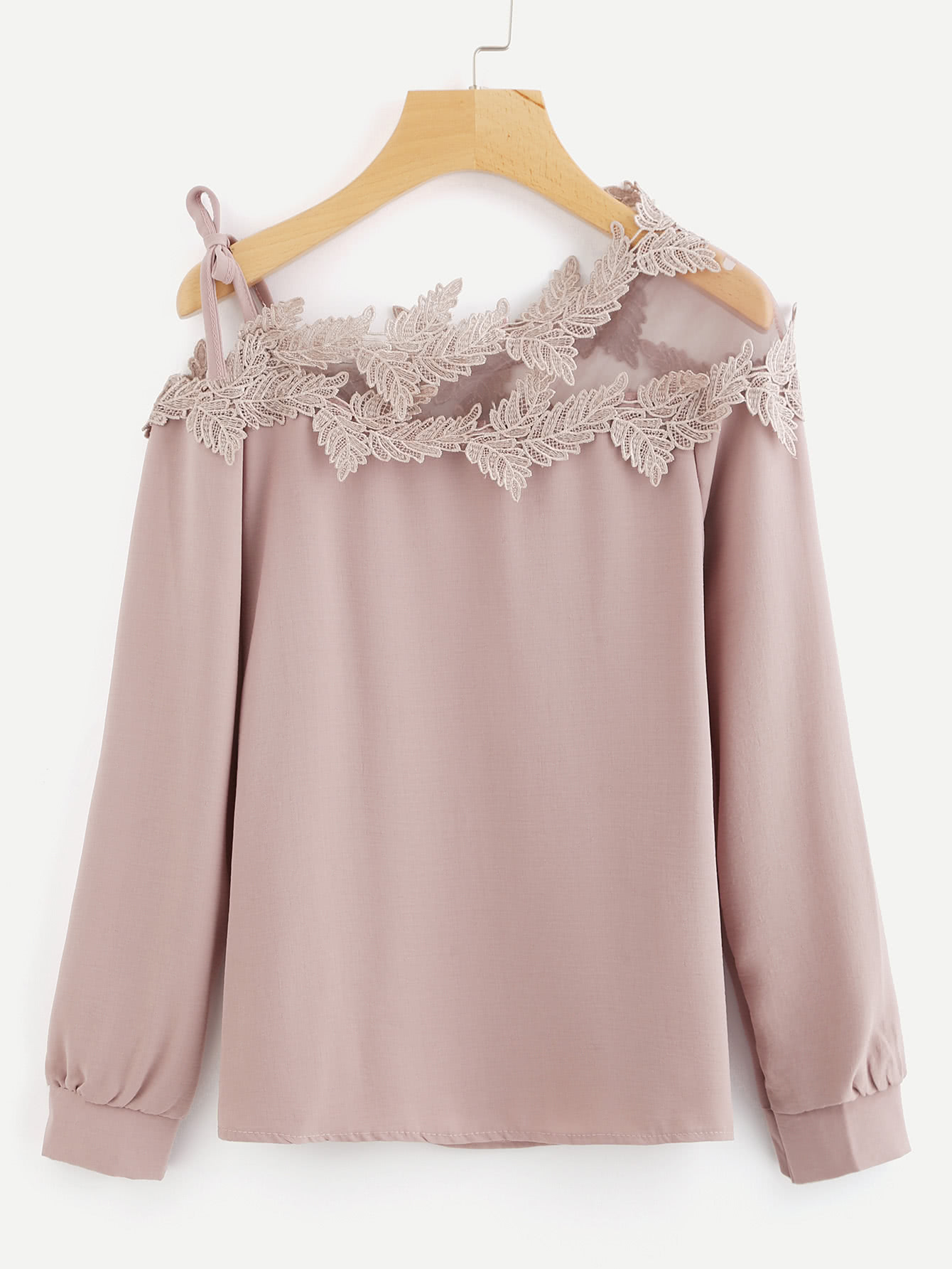 Mesh Panel Crochet Appliques Asymmetric Cold Shoulder Blouse