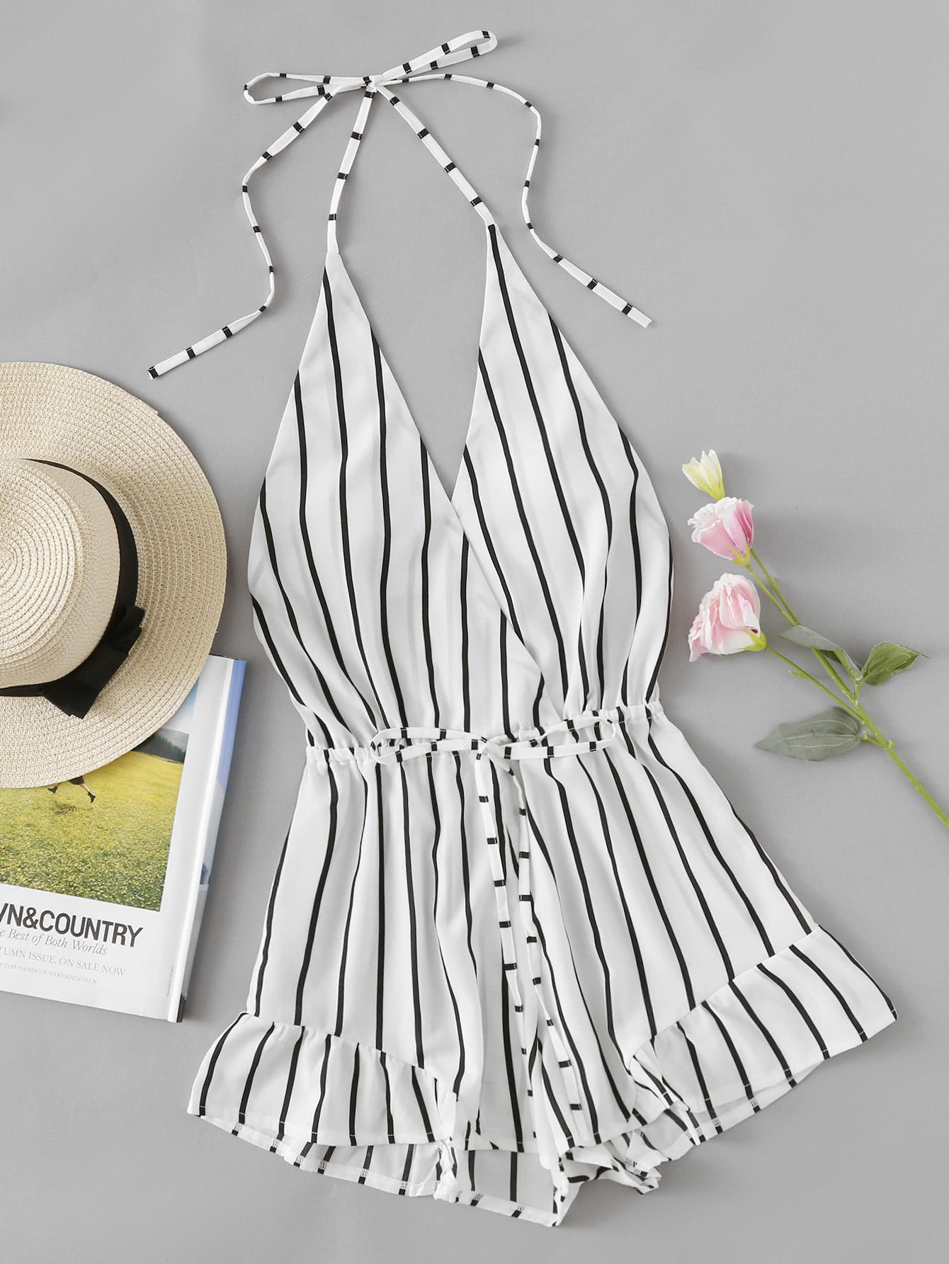 V-neckline Stripe Drawstring Waist Frill Surplice Romper