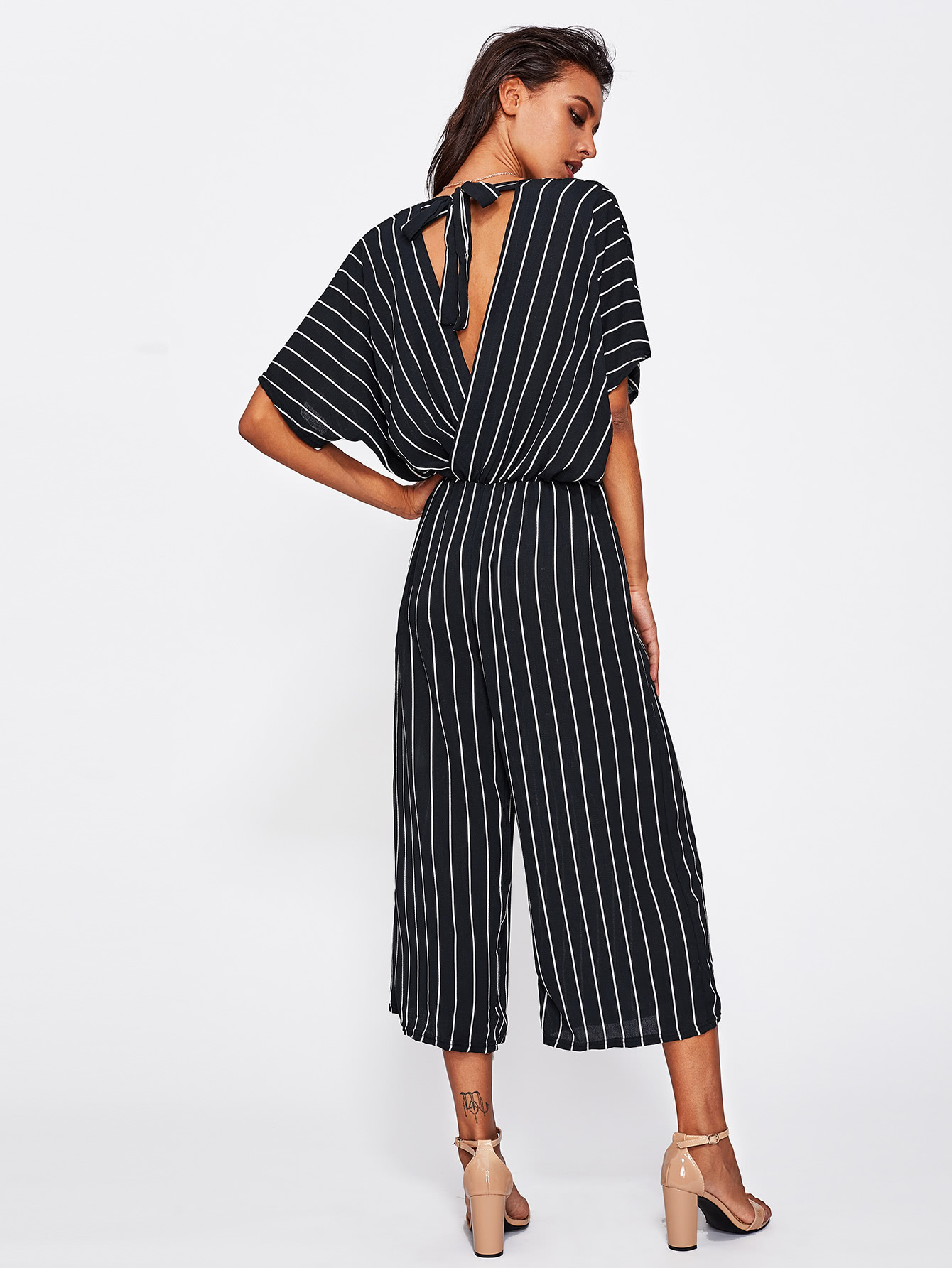 Overlap Tie Back Vertical Striped Wide Leg Jumpsuit SheIn(Sheinside)