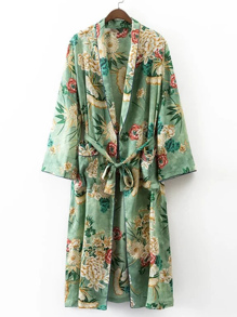 Calico Print Contrast Piping Self Tie Longline Kimono