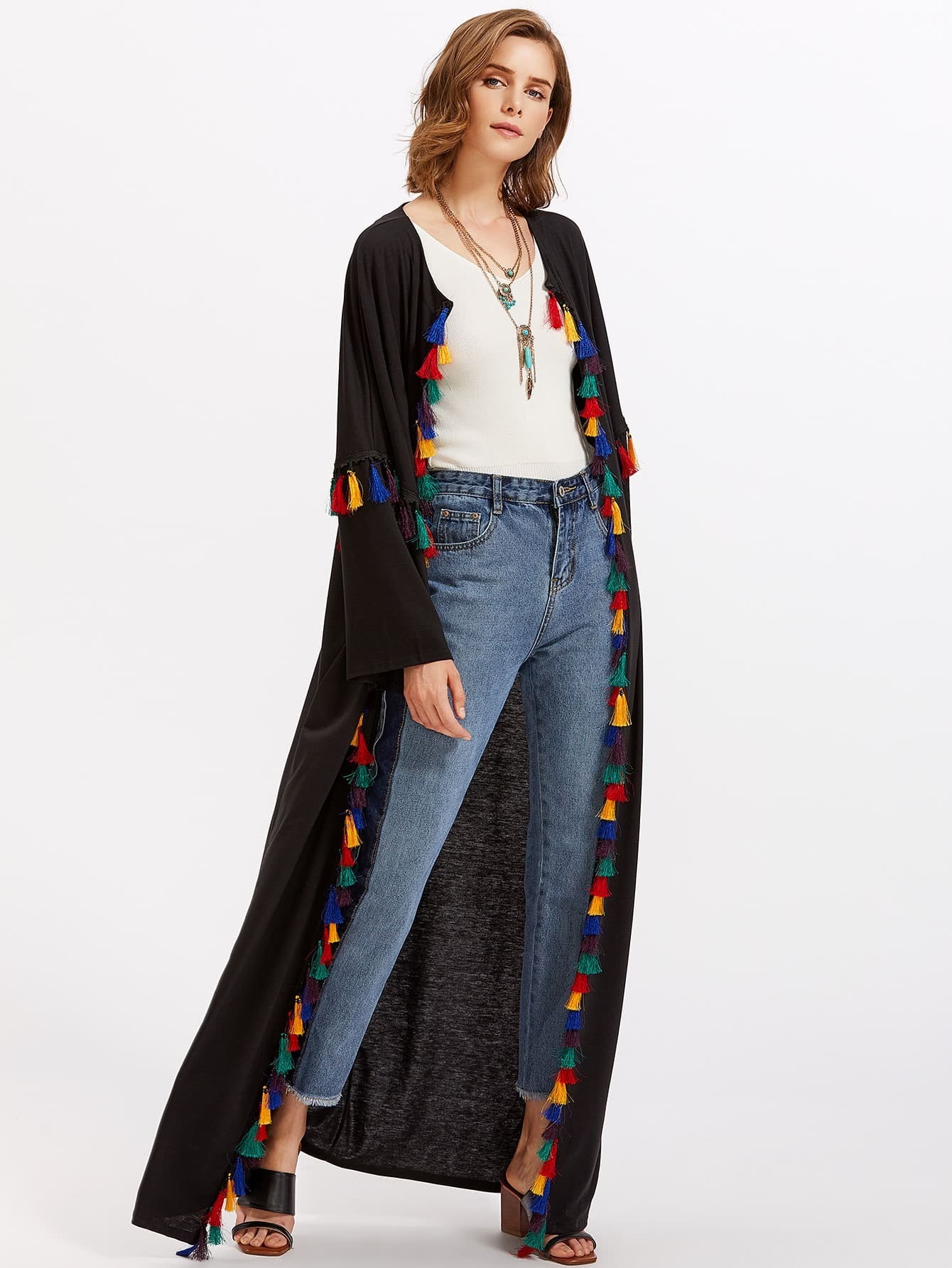 Tassel Detail Full Length Kimono SheIn(Sheinside)
