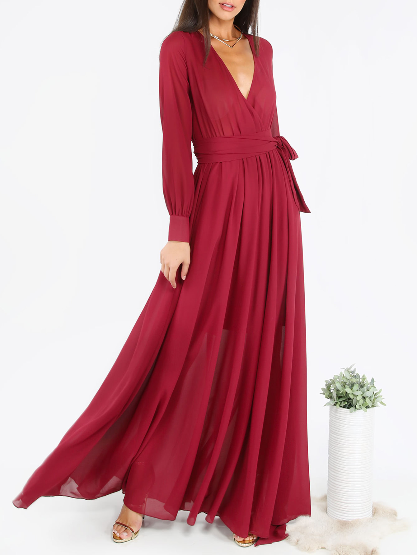 Burgundy Surplice Front Self Tie Cuff Sleeve Dress