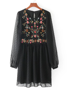Embroidered Detail Mesh Sleeve Smock Dress