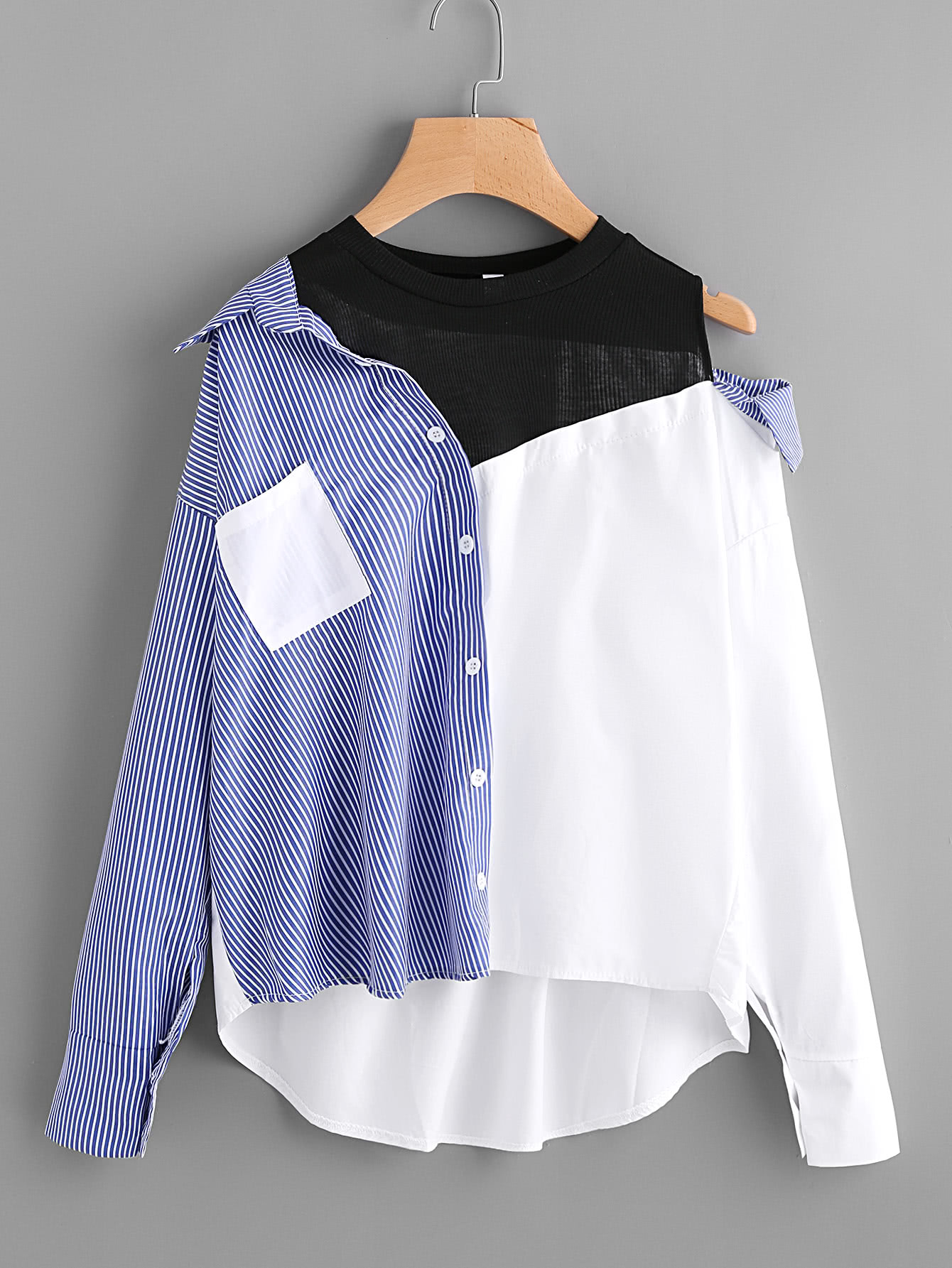 Asymmetric Open Shoulder Contrast Striped Dip Hem Blouse