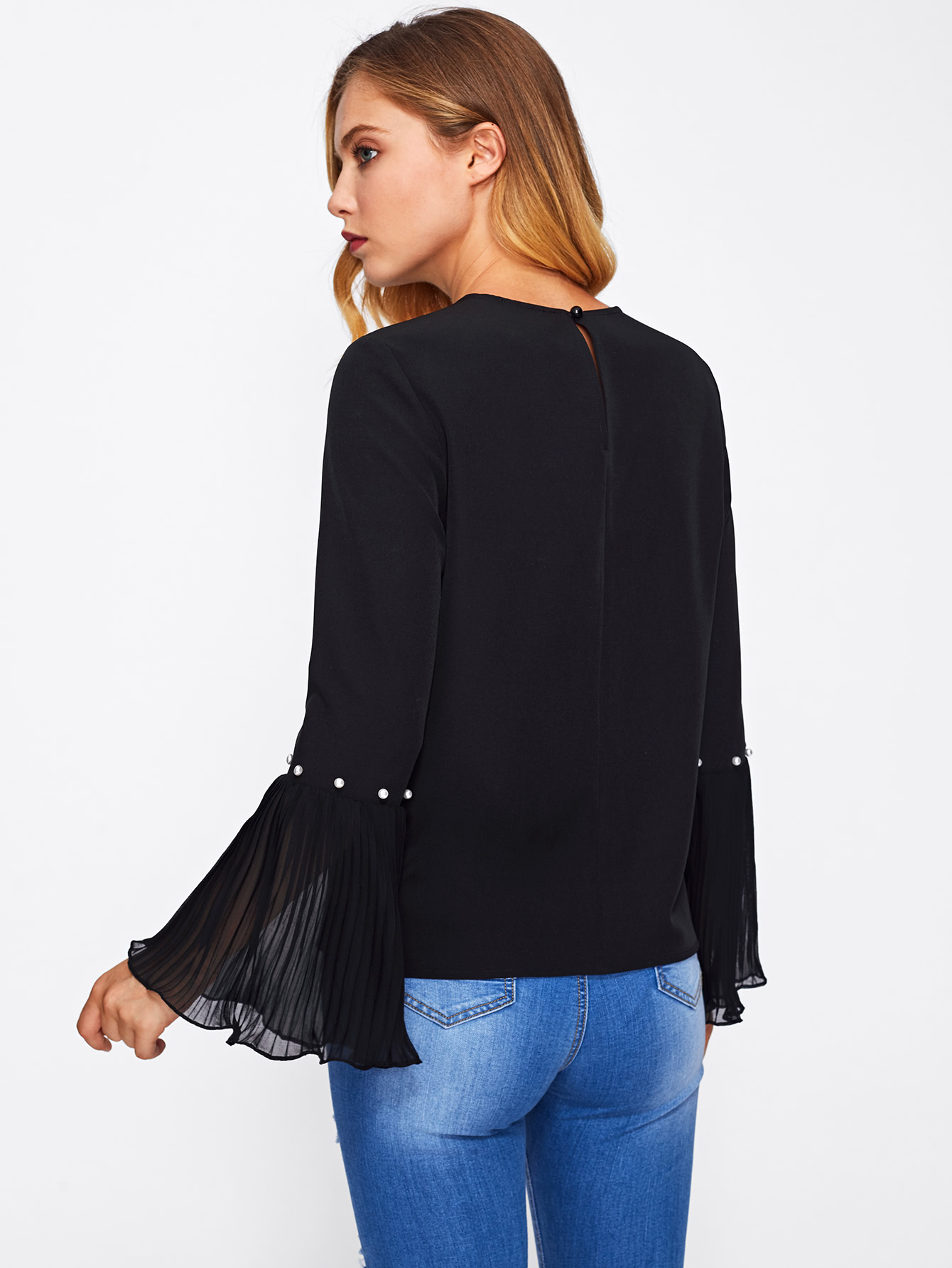 Pearl Embellished Flare Sleeve Blouse SheIn(Sheinside)
