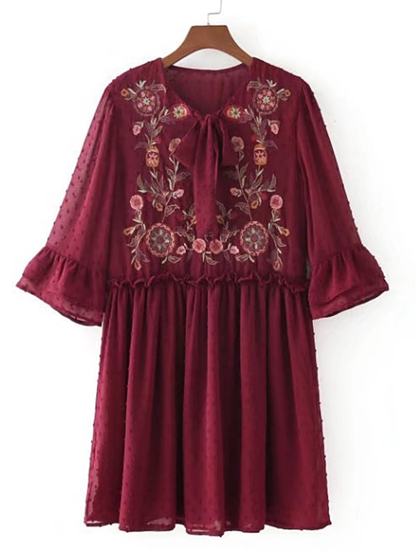 Embroidered Flower Textured Dot Smock DressFor Womenromwe