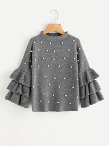 Pearl Beading Tiered Ruffle Sleeve Jumper