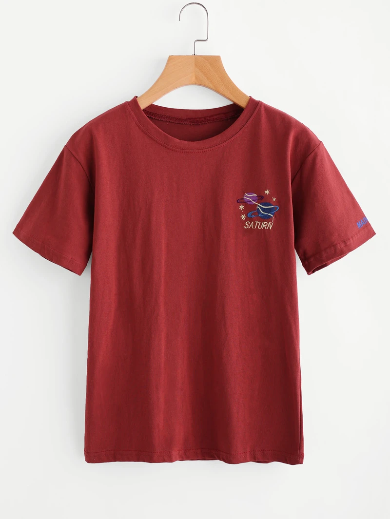 Short Embroidered Sleeve TeeRound Neck Sleeve Graphic P6qIfBz