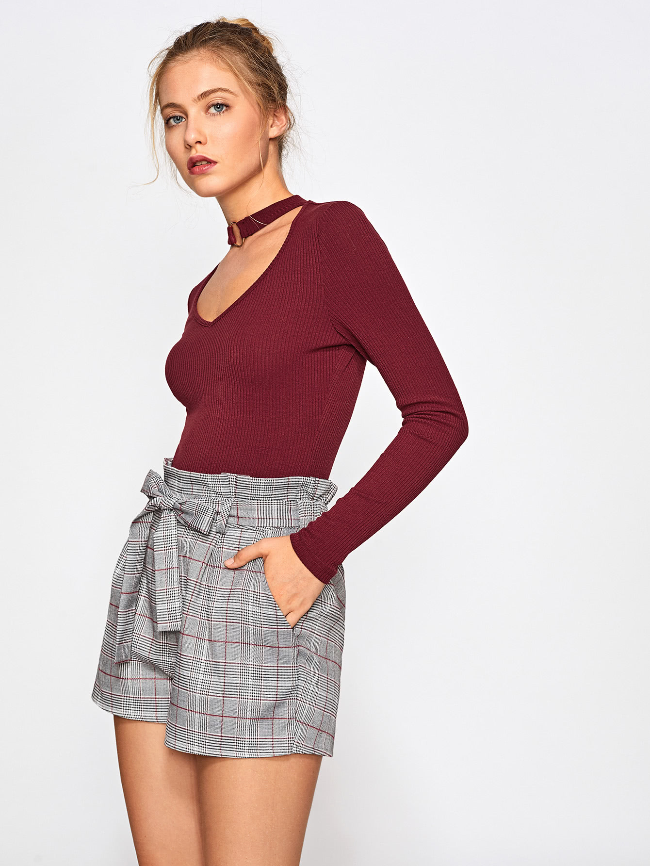 O Ring Choker Neck Ribbed Knit Top Shein Sheinside o ring choker neck ribbed knit top shein sheinside