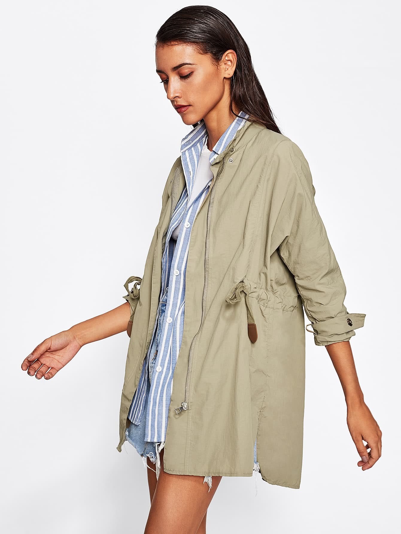 Contrast Sleeve Elastic Waist Utility Jacket SheIn(Sheinside)