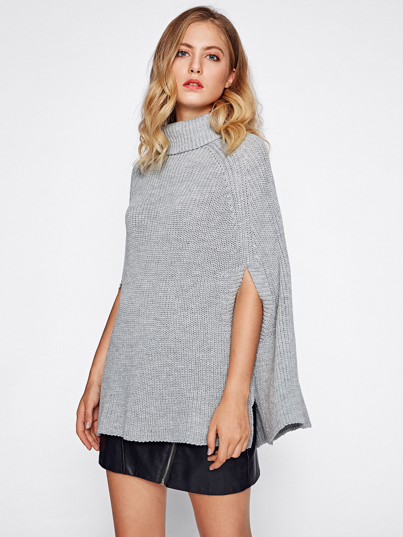 Roll Neck Poncho Jumper With Arm Hole SheIn(Sheinside)