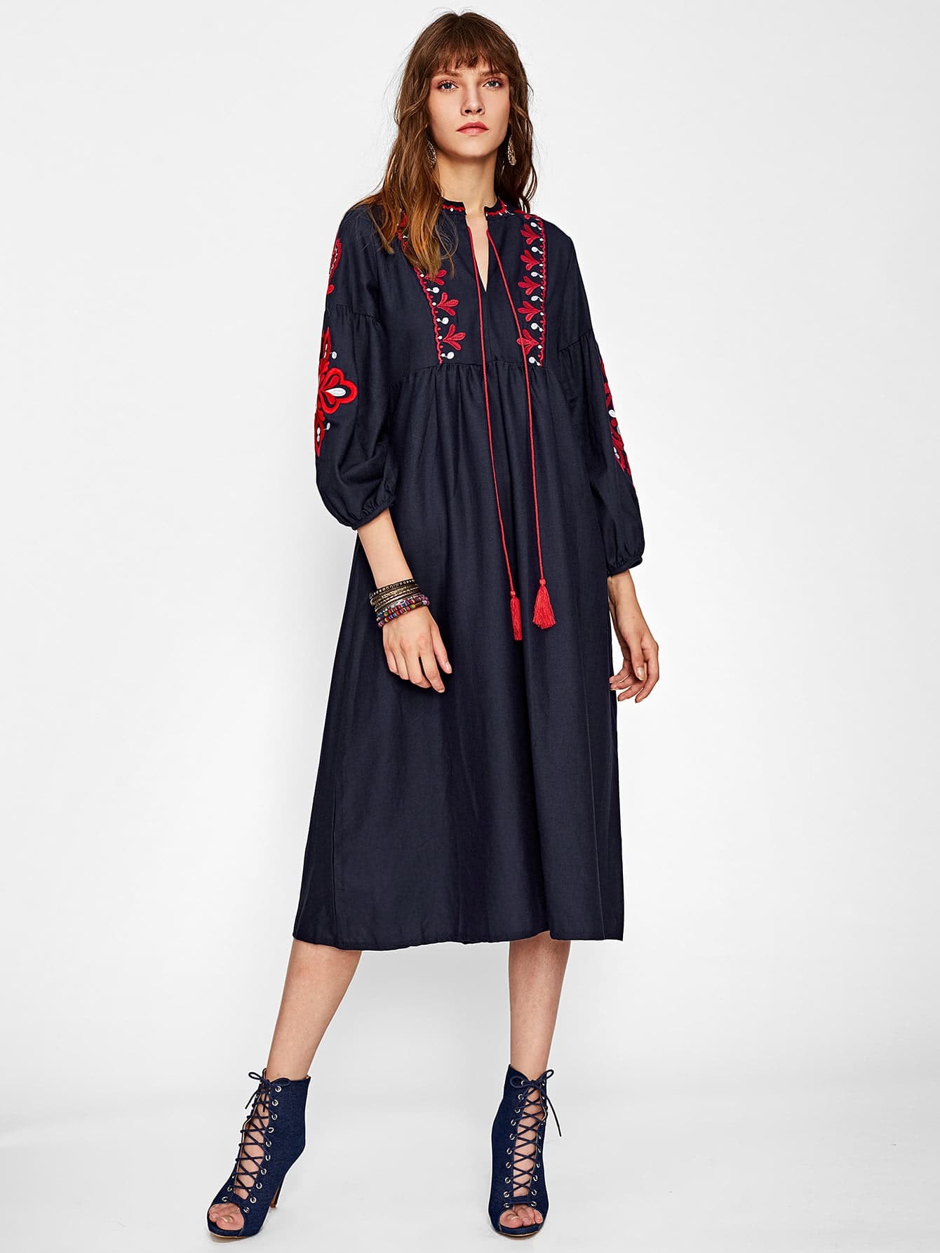Embroidered Lantern Sleeve Fringe Dress SheIn(Sheinside)