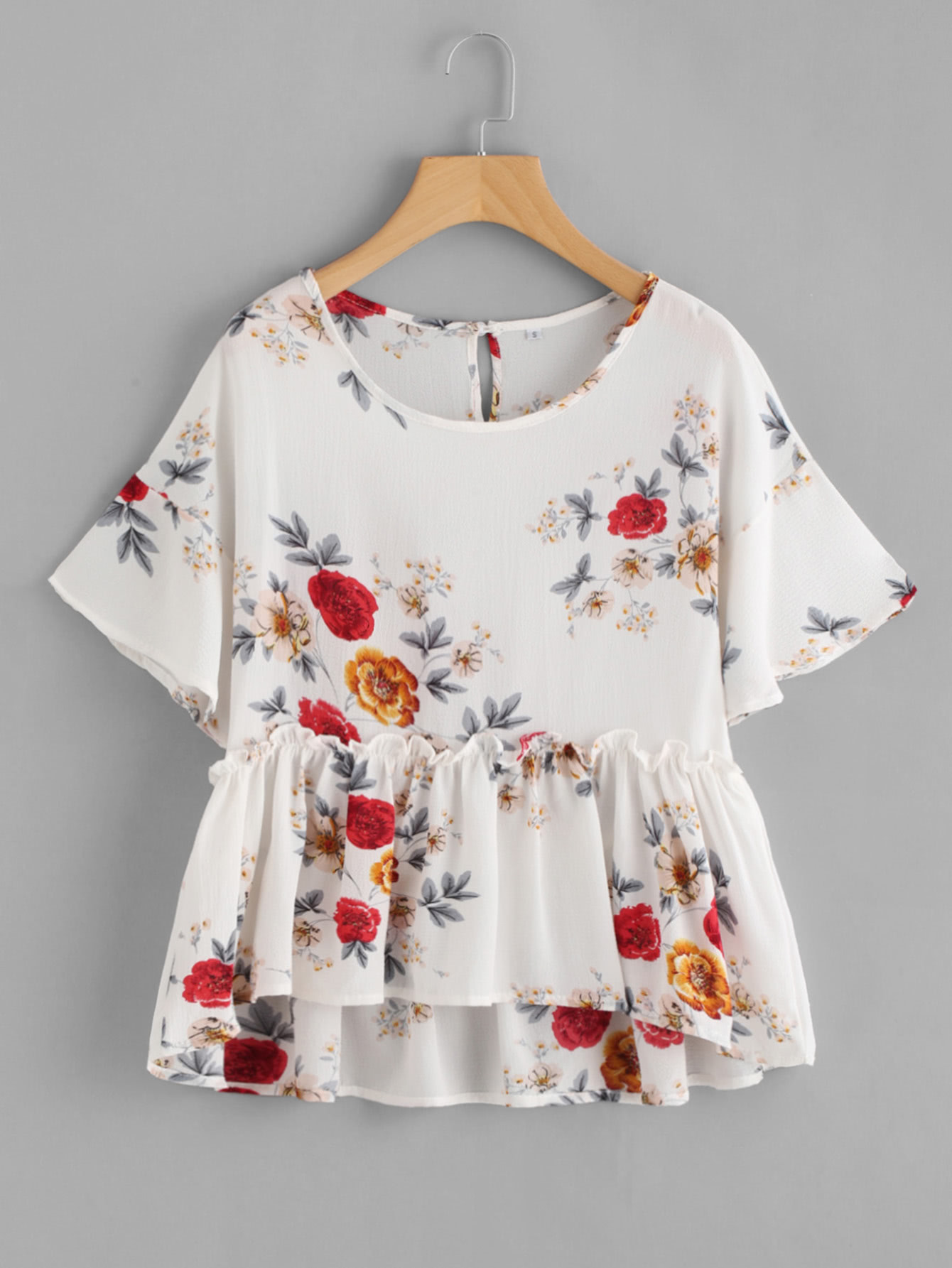Botanical Print Keyhole Back Frill Hem Babydoll Blouse