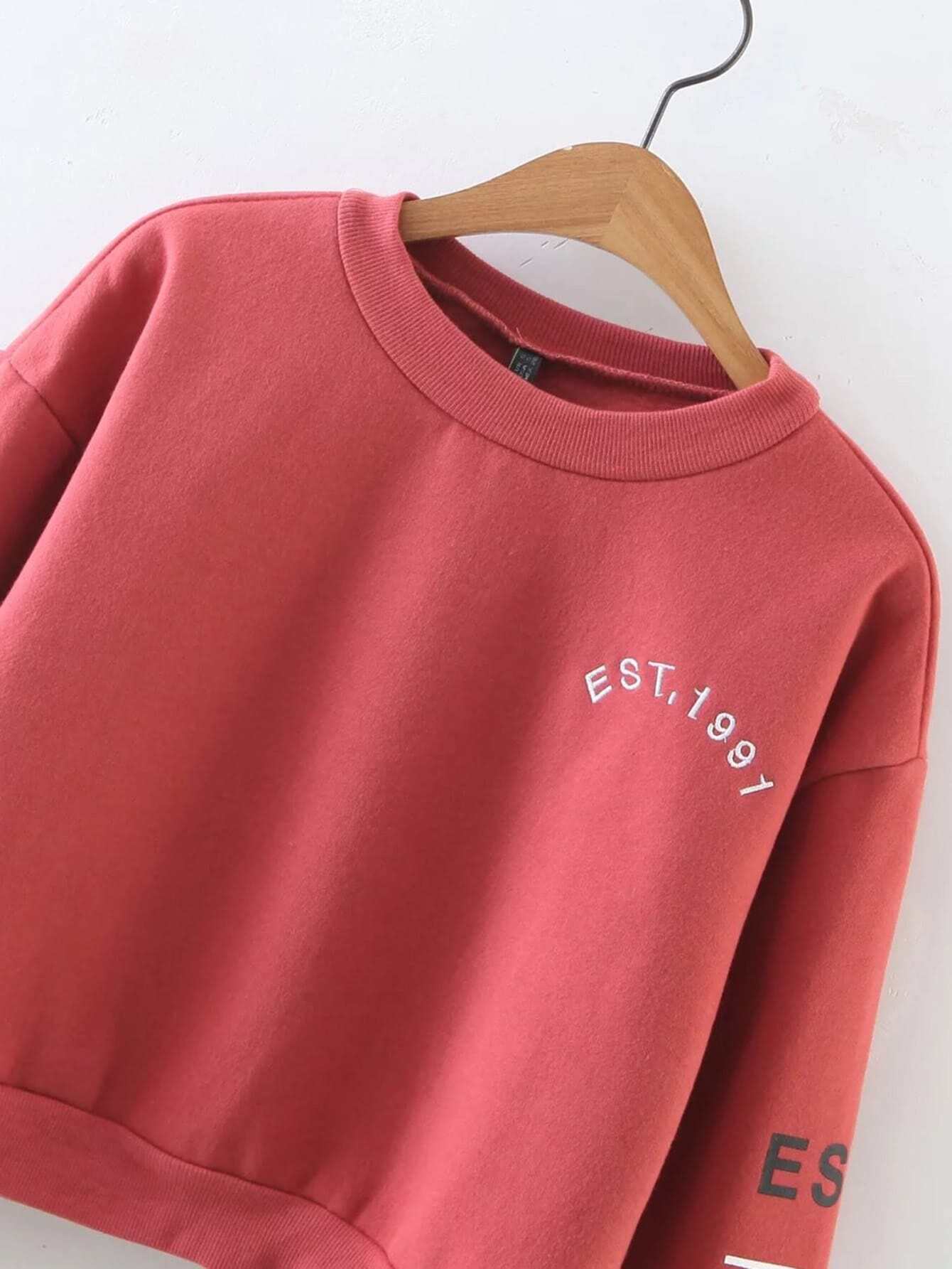 Letter Embroidery Drop Shoulder Crop Sweatshirt SheIn(Sheinside)