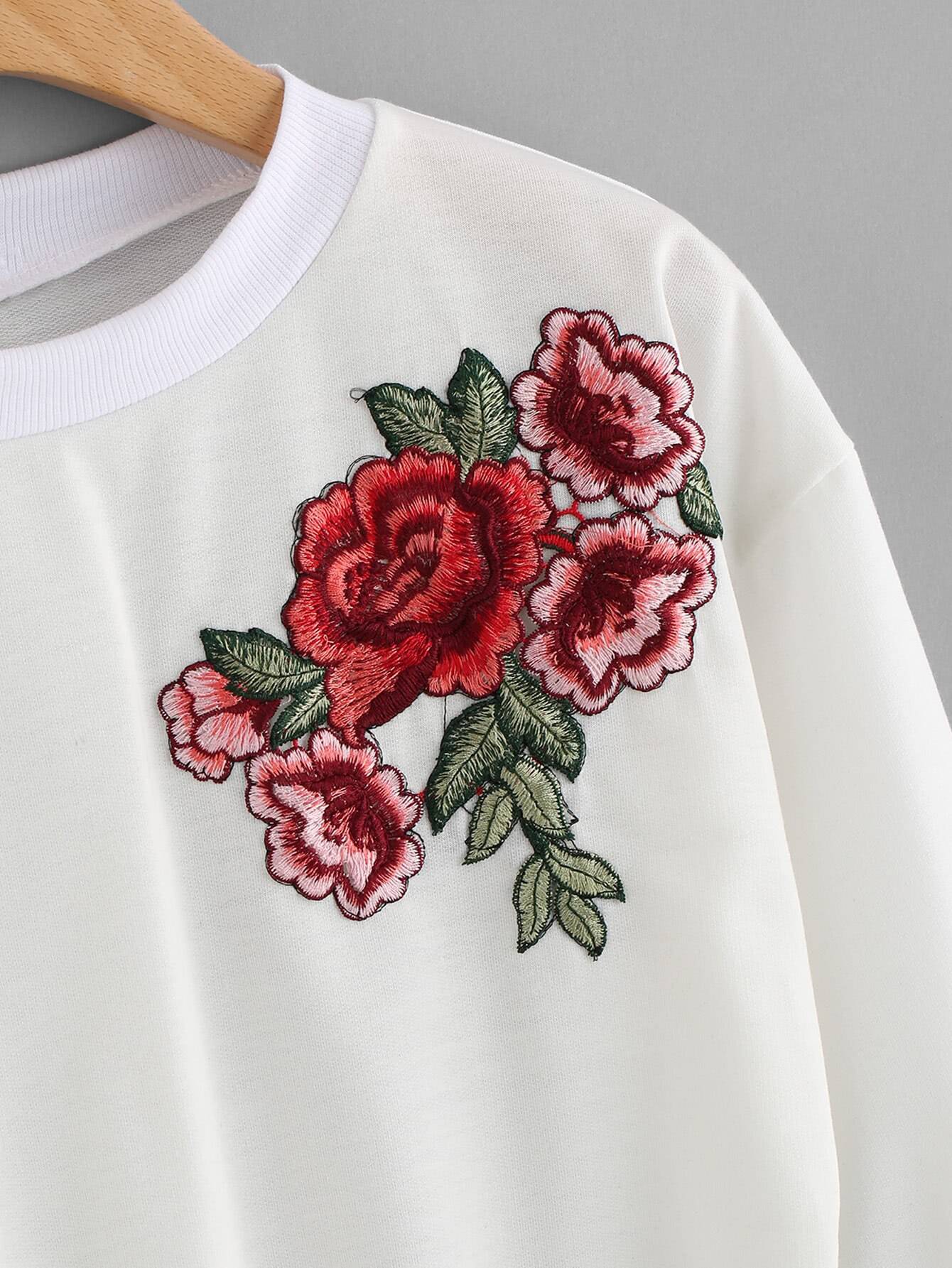 Embroidered Rose Applique Sweatshirt SheIn(Sheinside)
