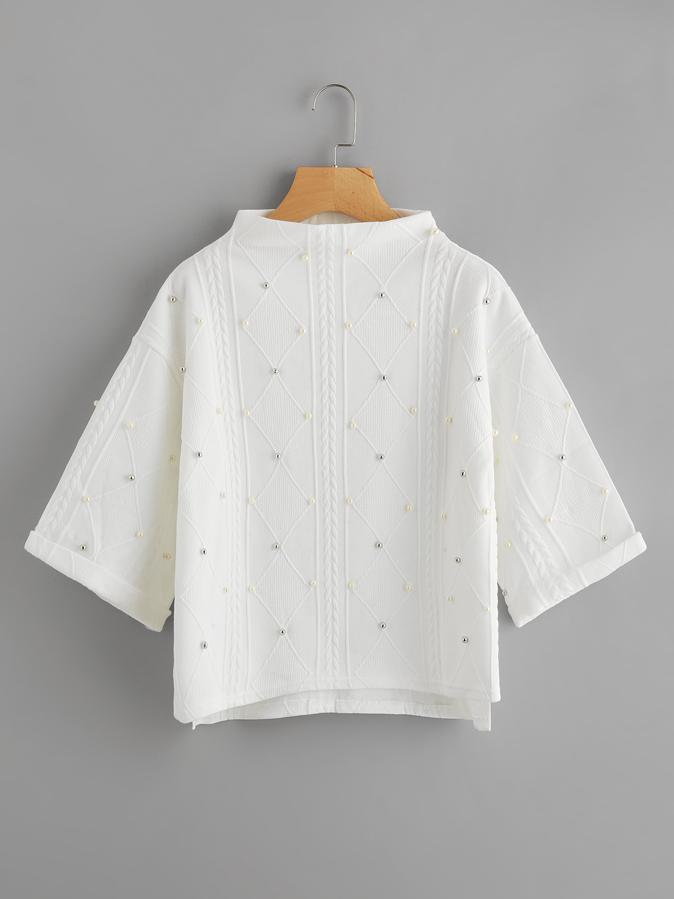 Mock Neck Beading Embossed Slit Side Sweatshirt