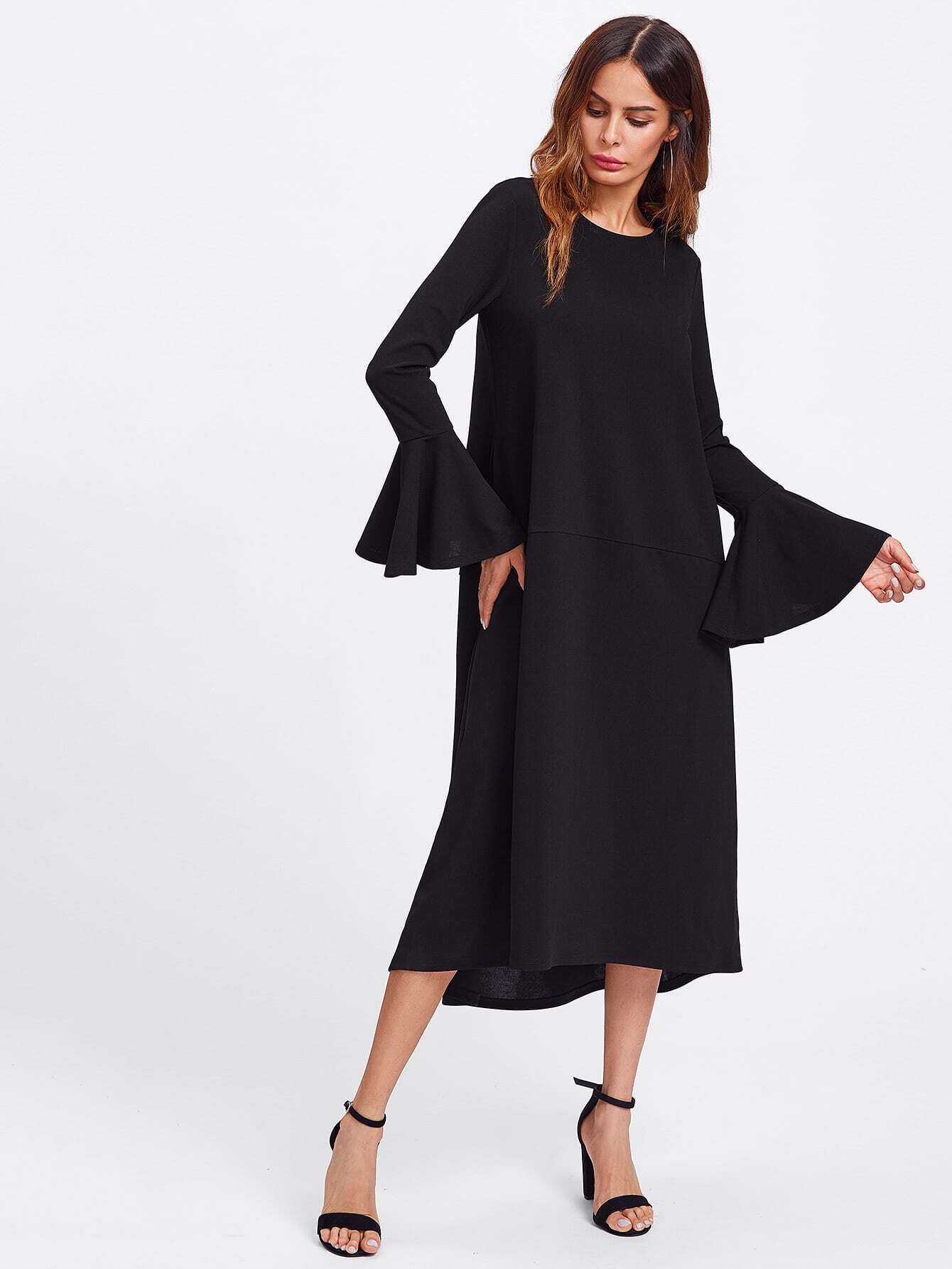 Flared Cuff Dip Hem Dress SheIn(Sheinside)
