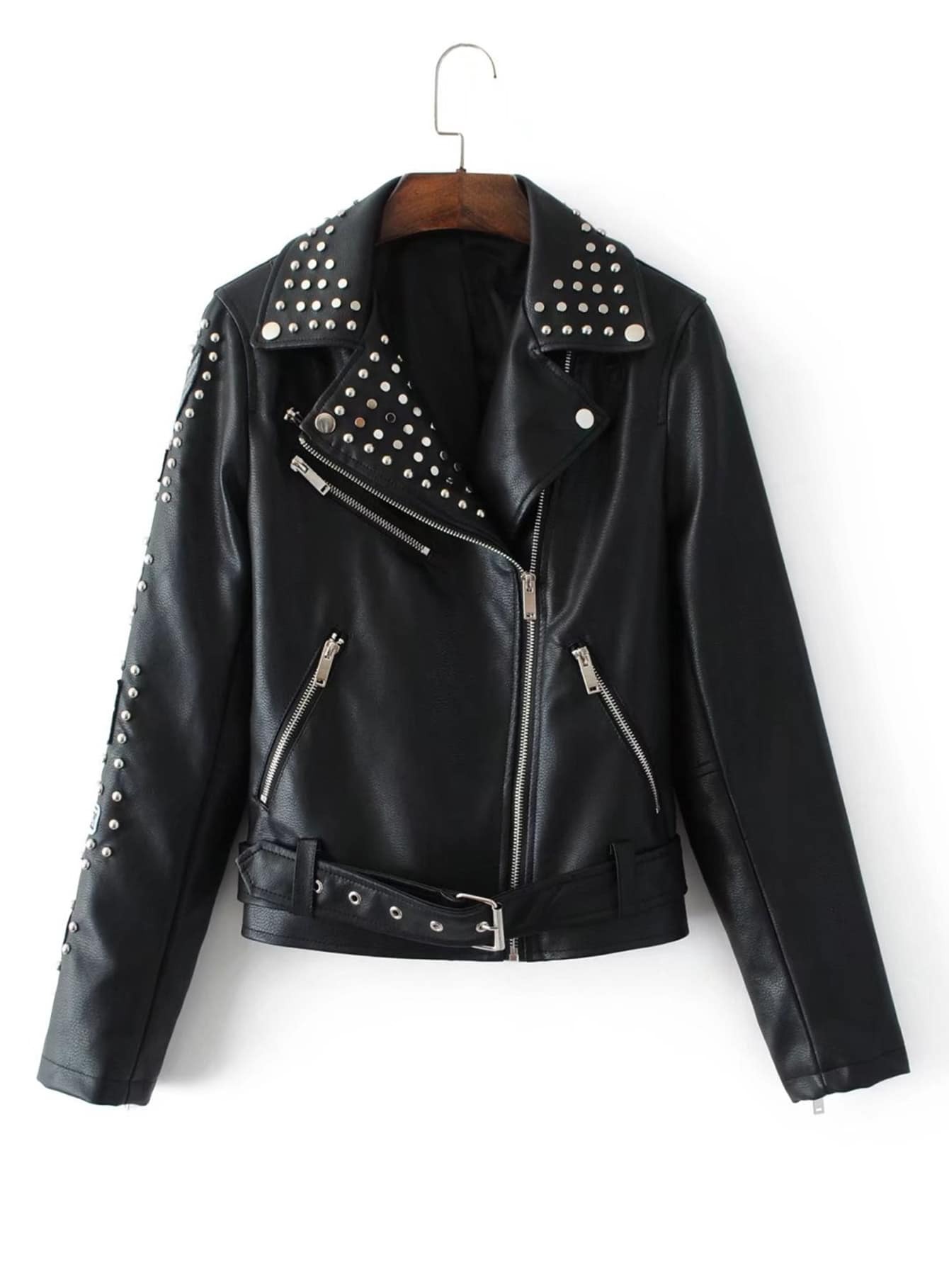 Studded Detail PU Biker Jacket With Belt SheIn(Sheinside)