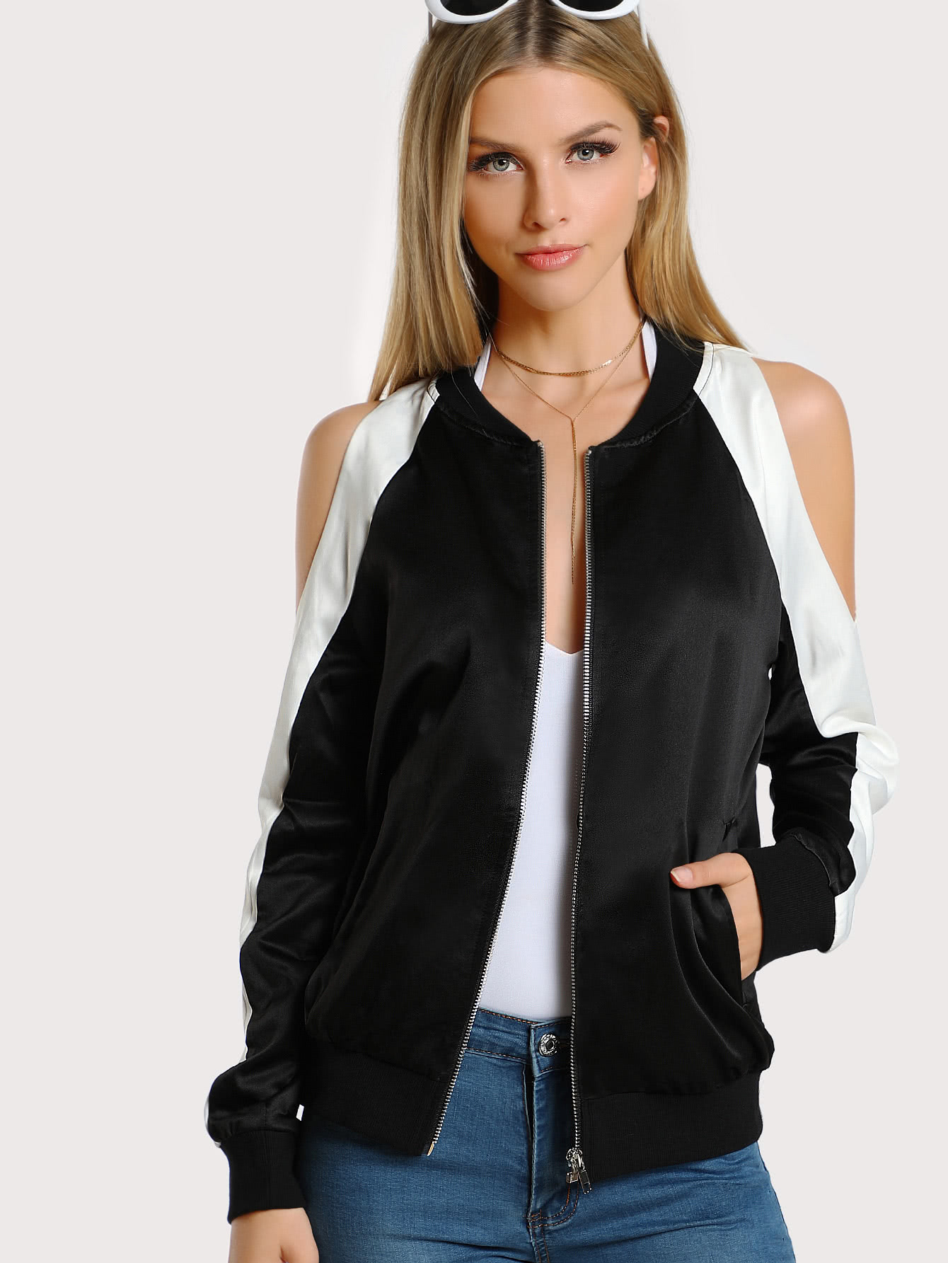 Two Tone Open Shoulder Bomber Jacket SheIn(Sheinside)