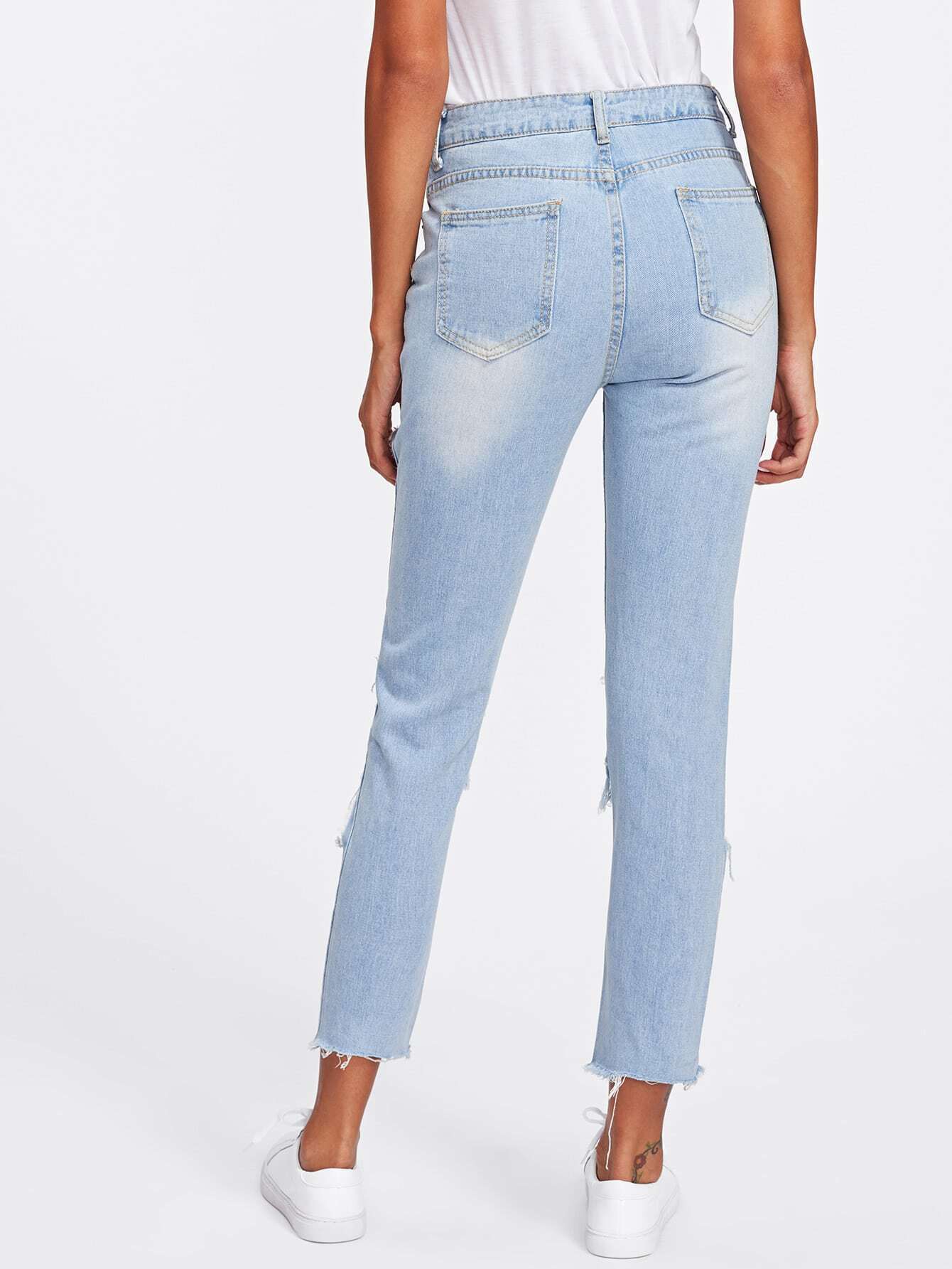 Shredded Raw Hem Bleach Wash Jeans SheIn(Sheinside)
