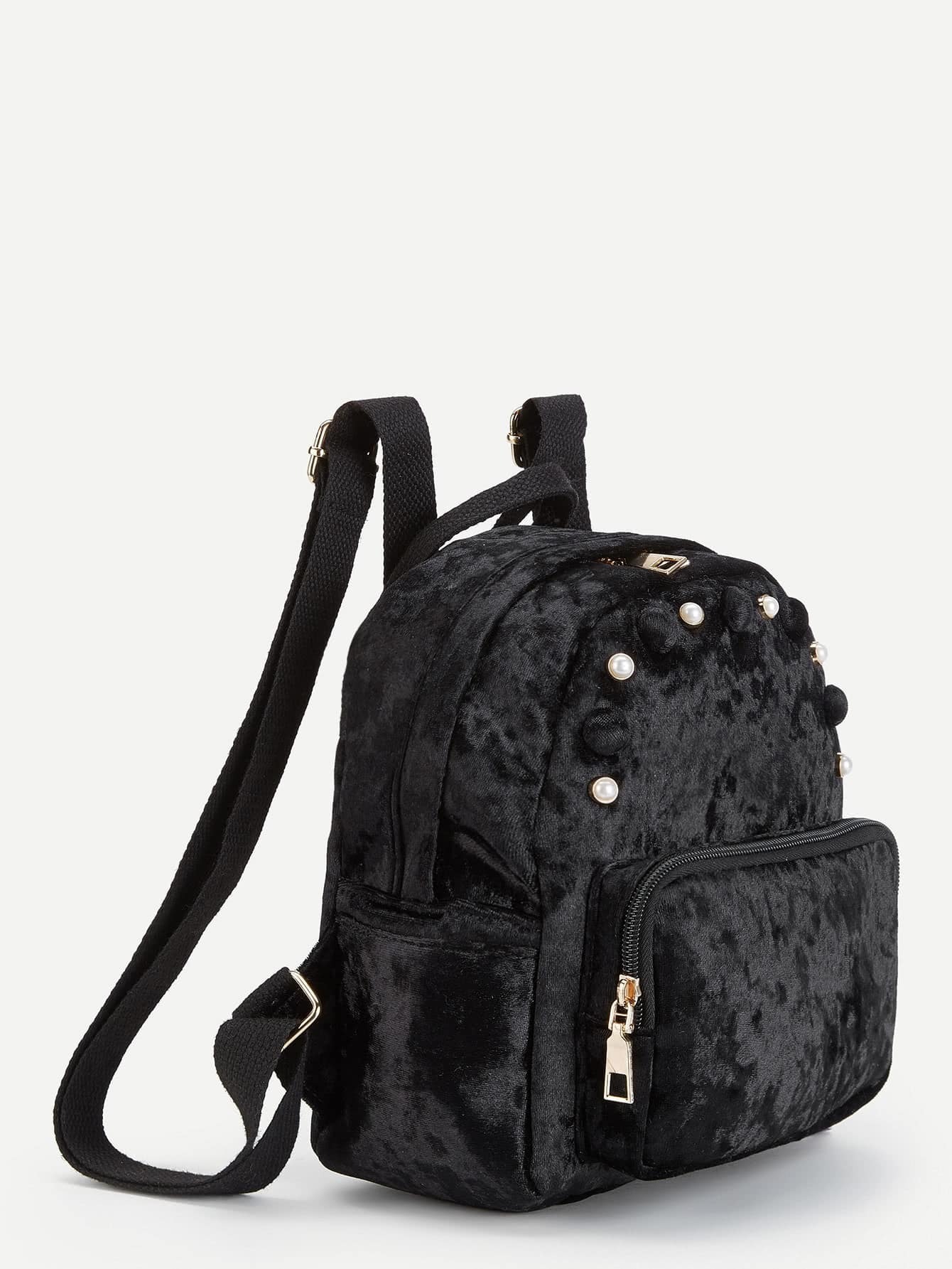 Faux Pearl Detail Velvet Backpack SheIn(Sheinside)