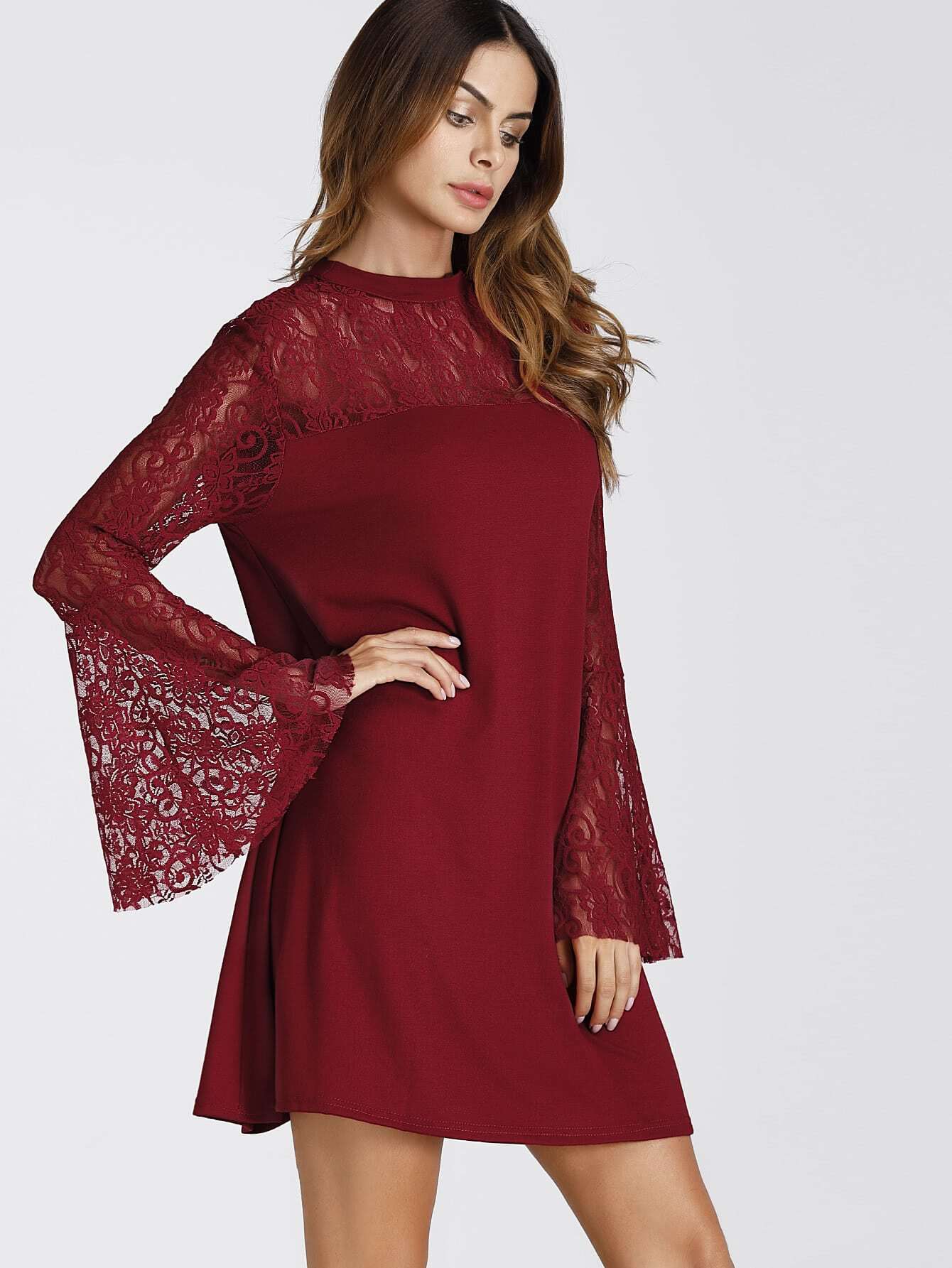 Embroidered Lace Insert Flute Sleeve Dress SheIn(Sheinside)