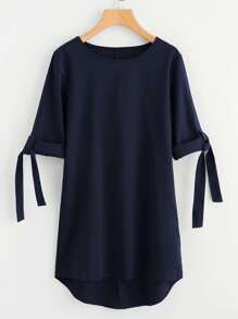 Rolled Sleeve Tie Dip Hem Shift Dress