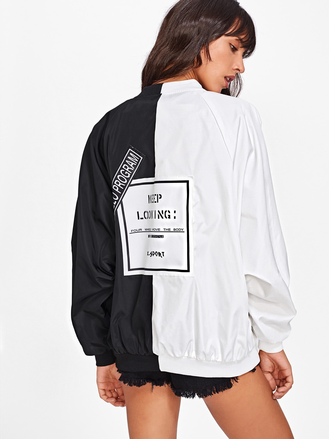 Two Tone Patch Back Letter Ribbon Detail Bomber Jacket