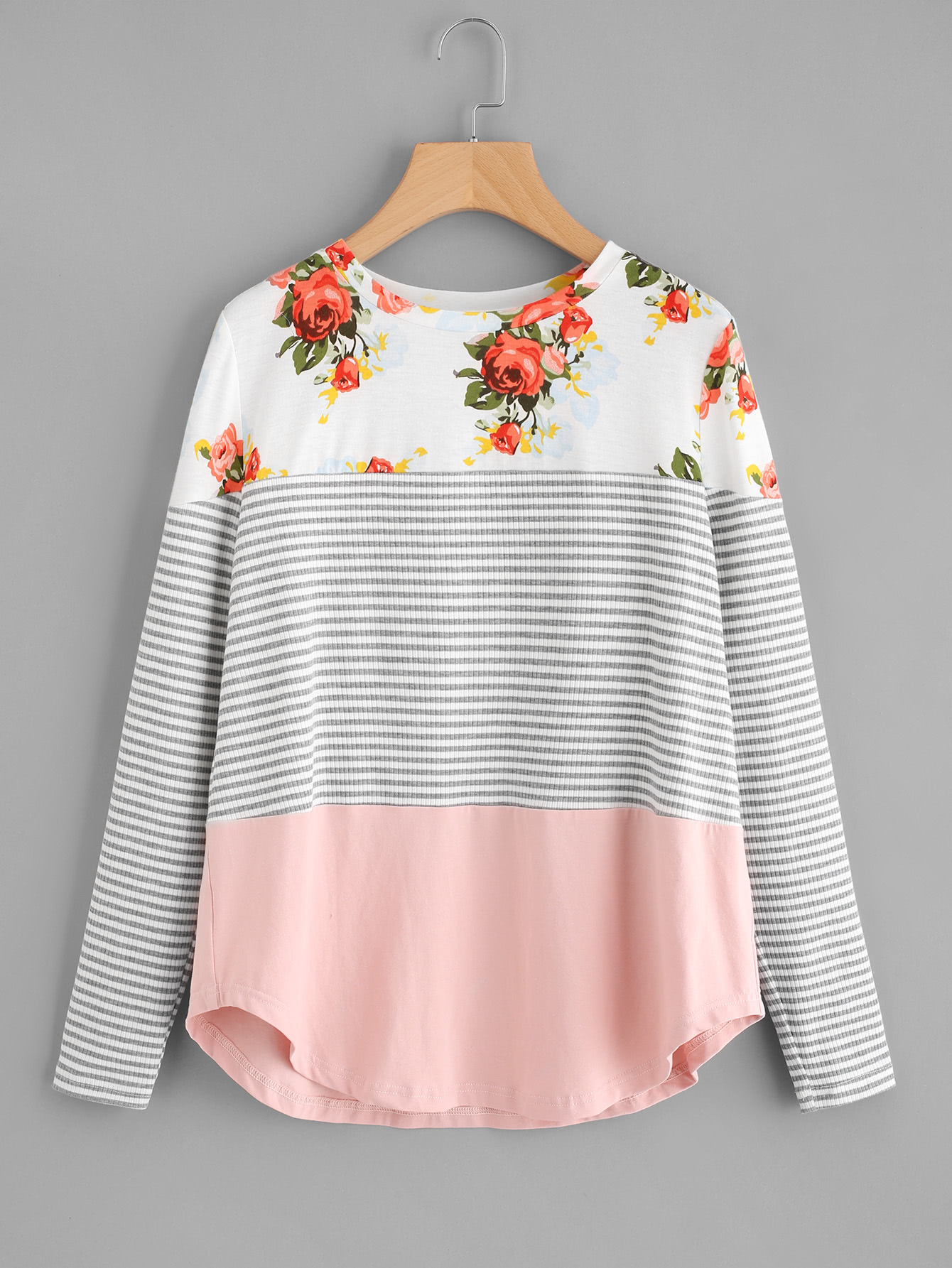 Curved Hem Mixed Print Top SheIn(Sheinside)