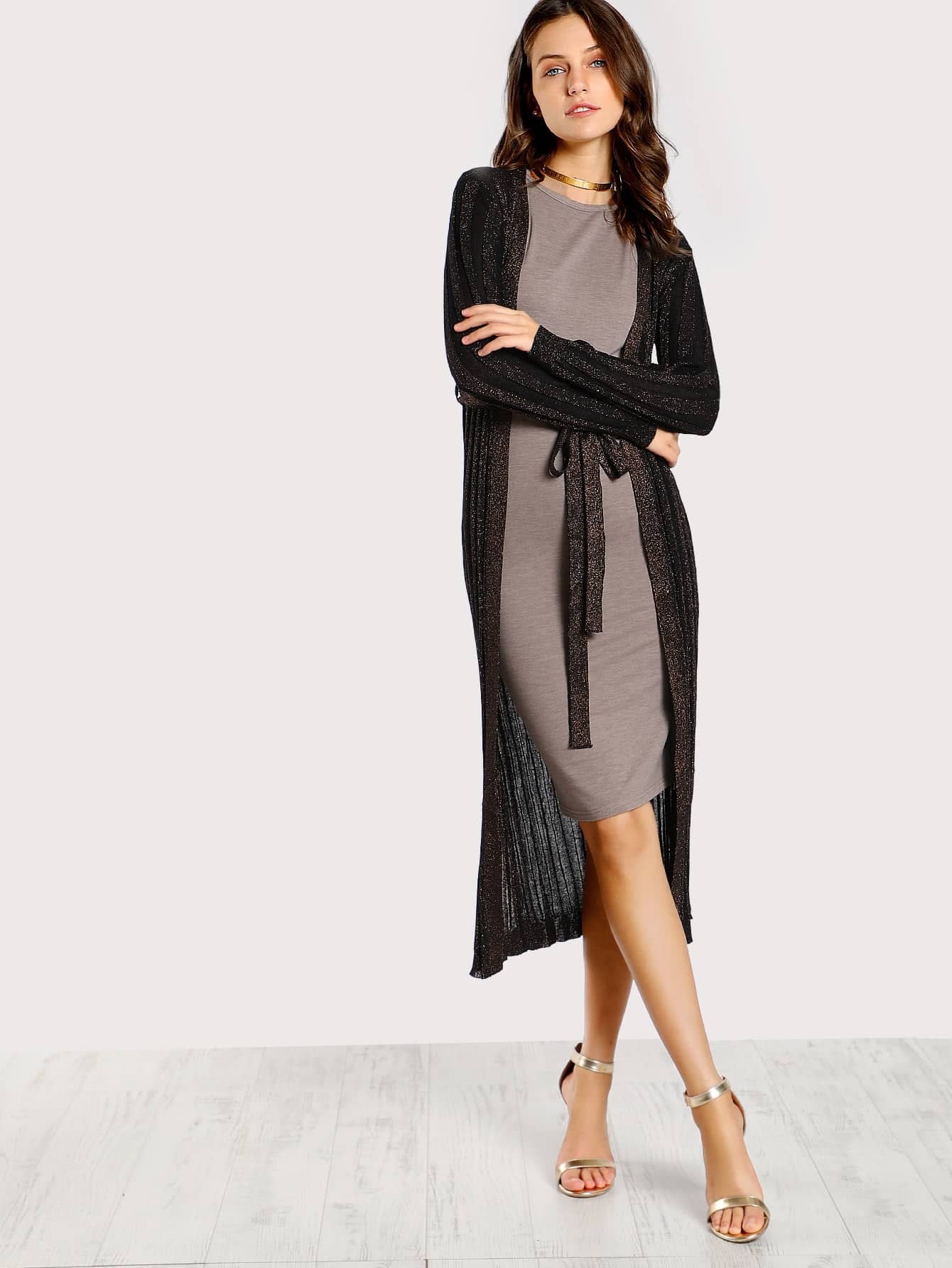 Glitter Striped Belted Kimono BRONZE SheIn(Sheinside)