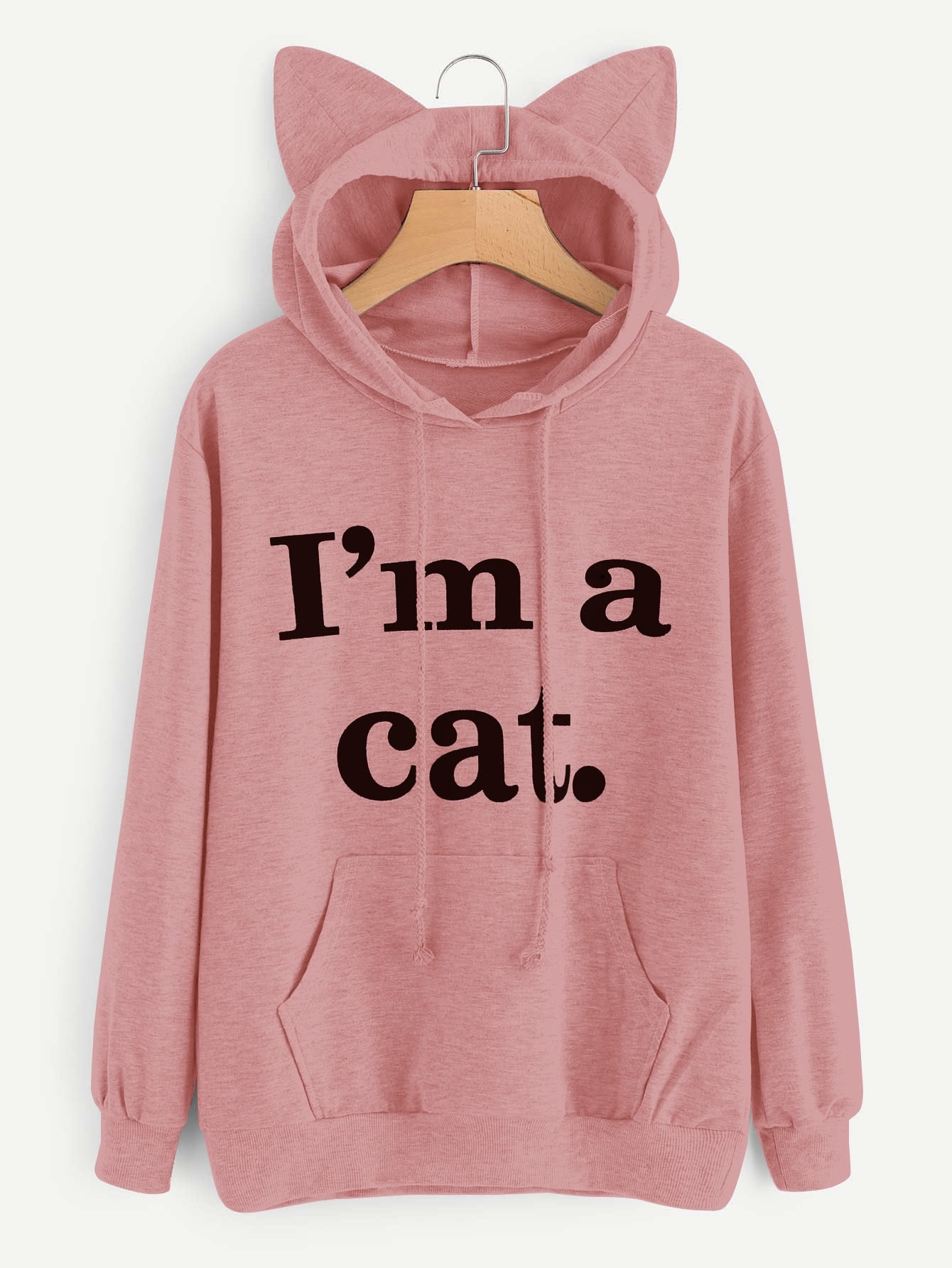 Slogan Print Cat Ear Marled Hoodie SheIn(Sheinside)